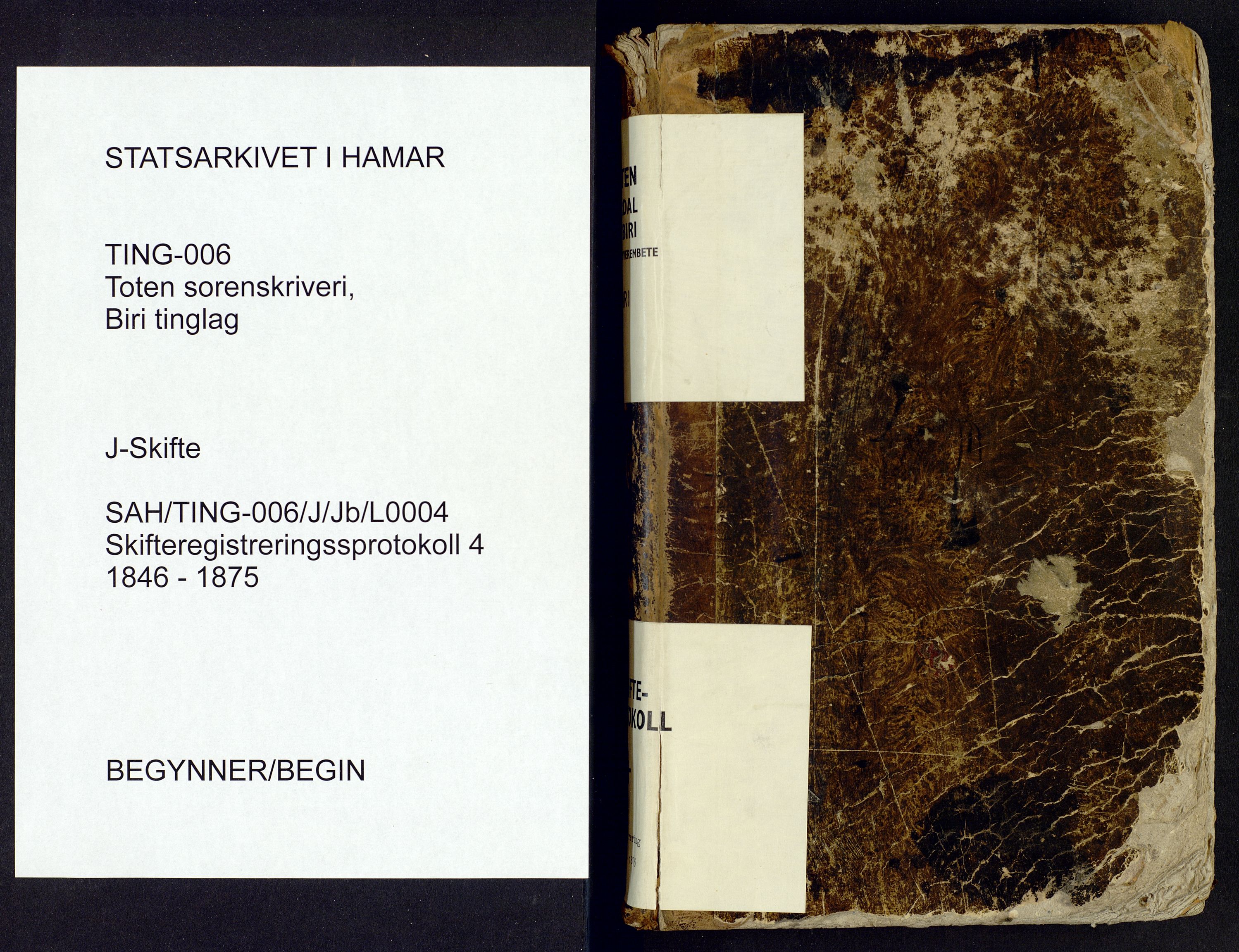Toten tingrett, SAH/TING-006/J/Jb/L0004: Skifteregistreringsprotokoll - Biri, 1846-1875
