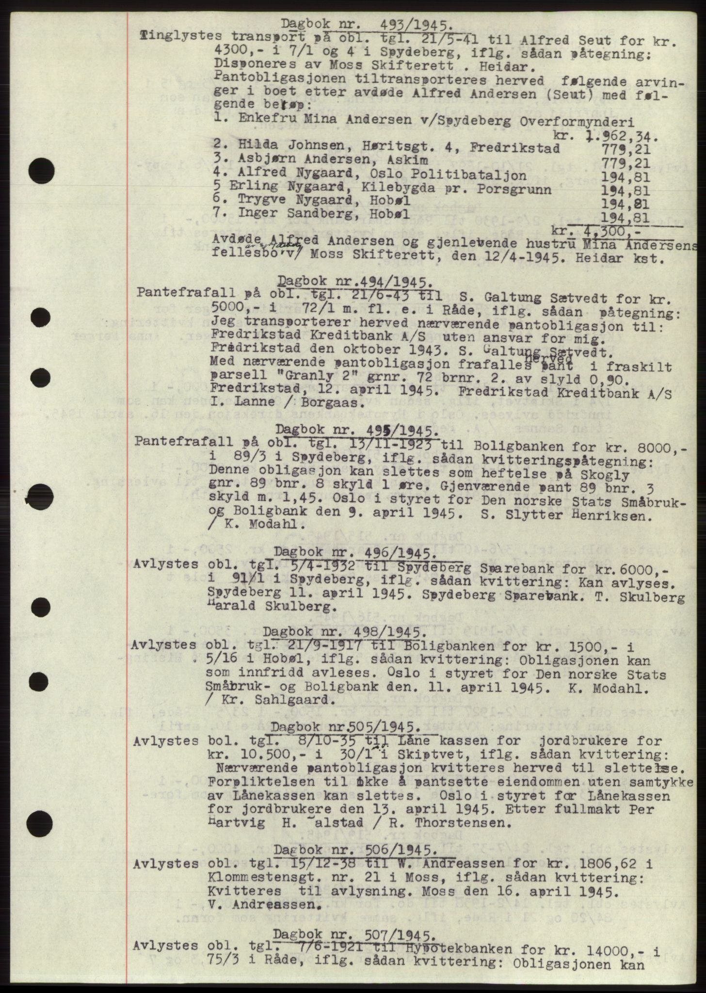 Moss sorenskriveri, SAO/A-10168: Pantebok nr. C10, 1938-1950, Dagboknr: 493/1945