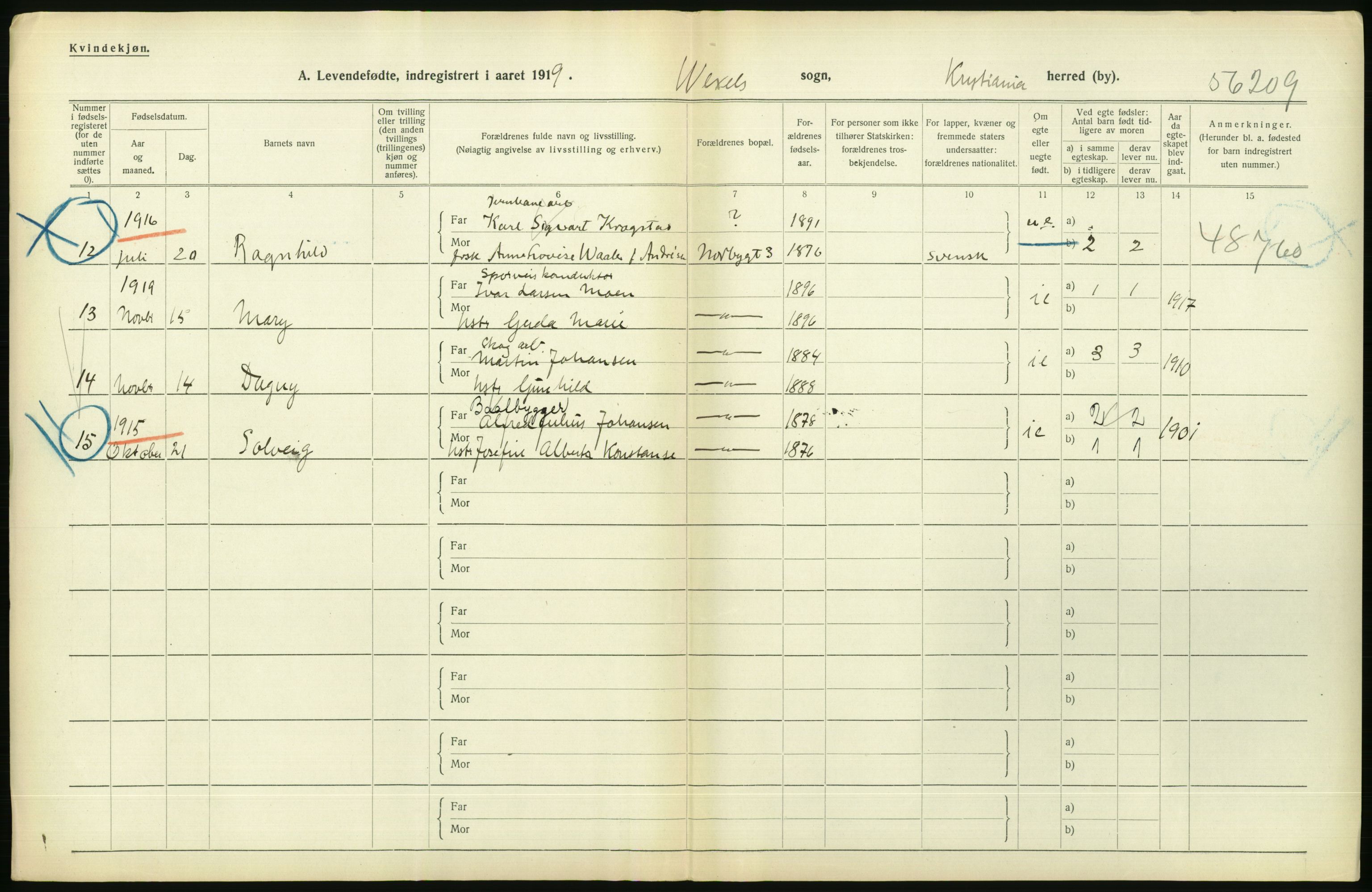 Statistisk sentralbyrå, Sosiodemografiske emner, Befolkning, AV/RA-S-2228/D/Df/Dfb/Dfbi/L0008: Kristiania: Levendefødte menn og kvinner., 1919