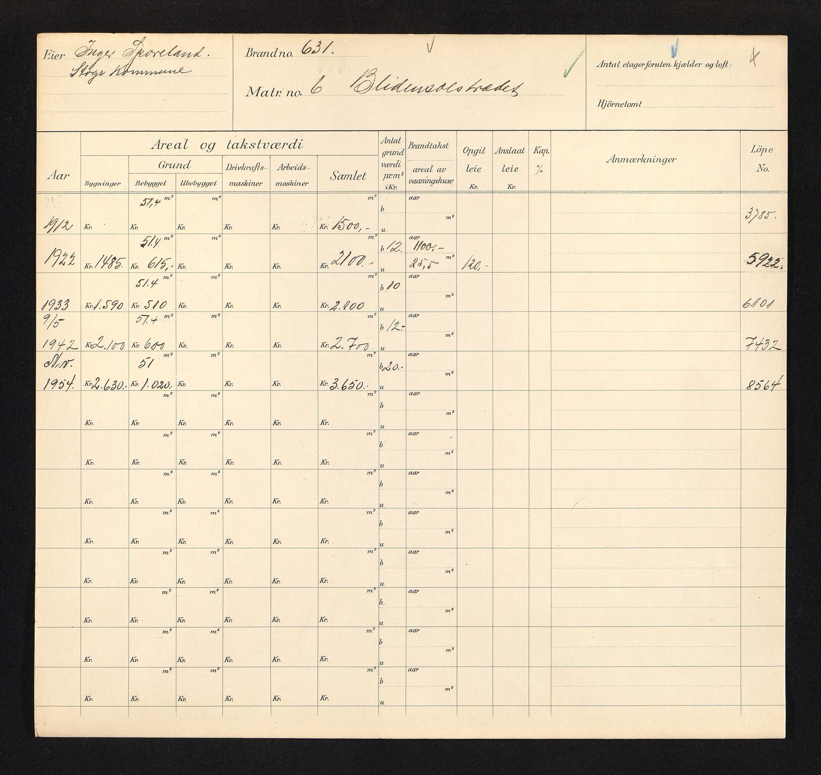 Stavanger kommune. Skattetakstvesenet, BYST/A-0440/F/Fa/Faa/L0005/0005: Skattetakstkort / Blidensolstredet 1 - Blokkmakergata 12