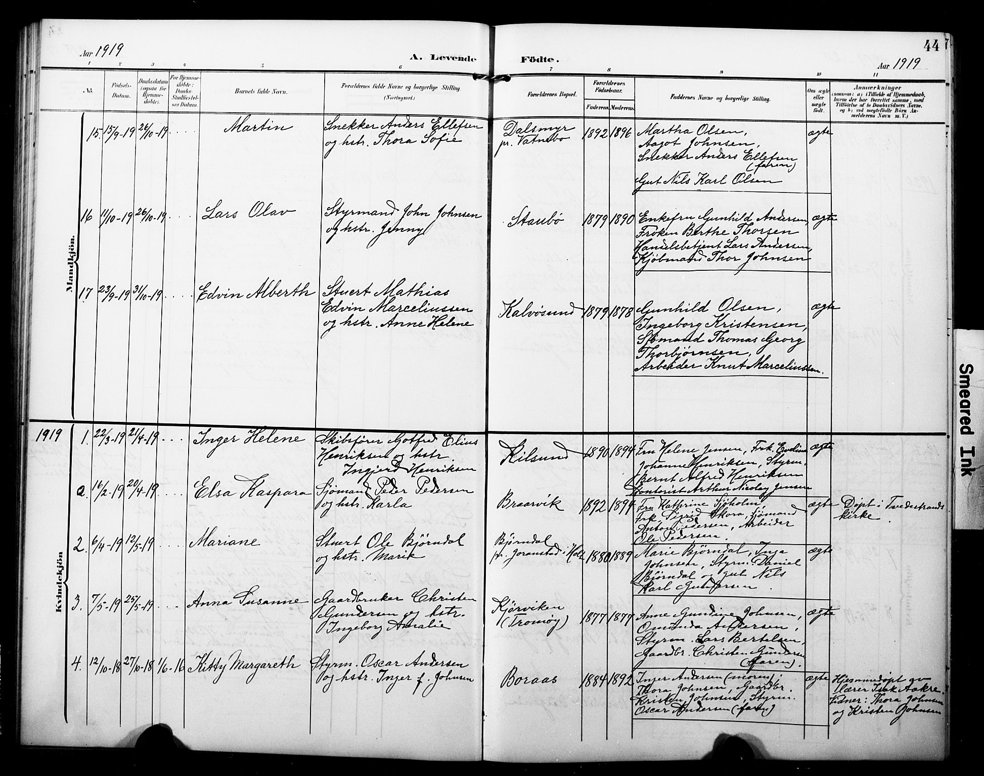 Dypvåg sokneprestkontor, AV/SAK-1111-0007/F/Fb/Fbb/L0005: Klokkerbok nr. B 5, 1905-1924, s. 44