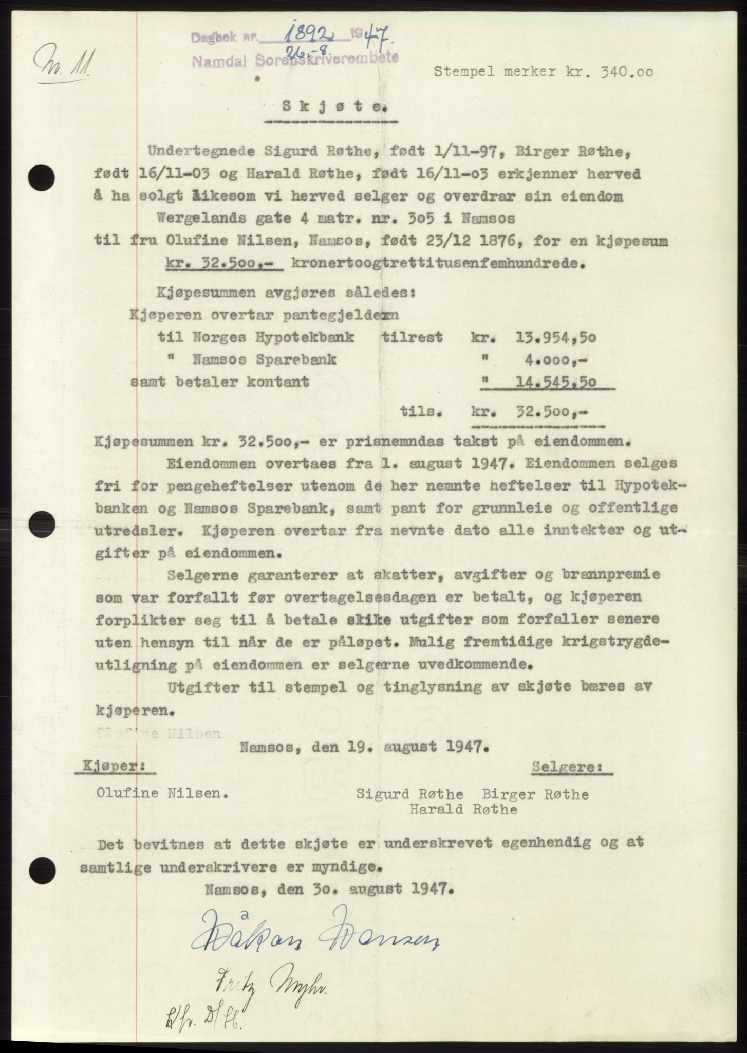 Namdal sorenskriveri, SAT/A-4133/1/2/2C: Pantebok nr. -, 1947-1947, Dagboknr: 1892/1947