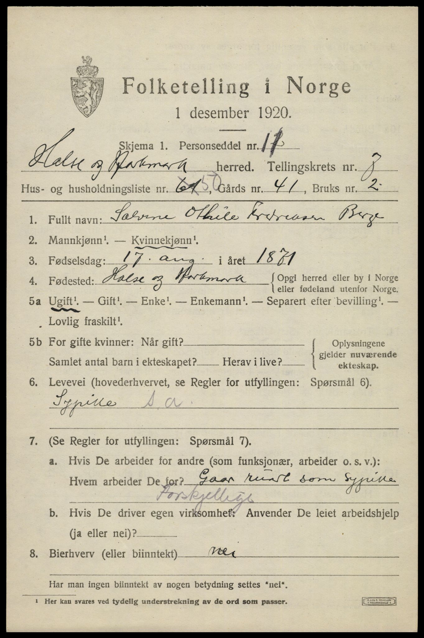SAK, Folketelling 1920 for 1019 Halse og Harkmark herred, 1920, s. 4239