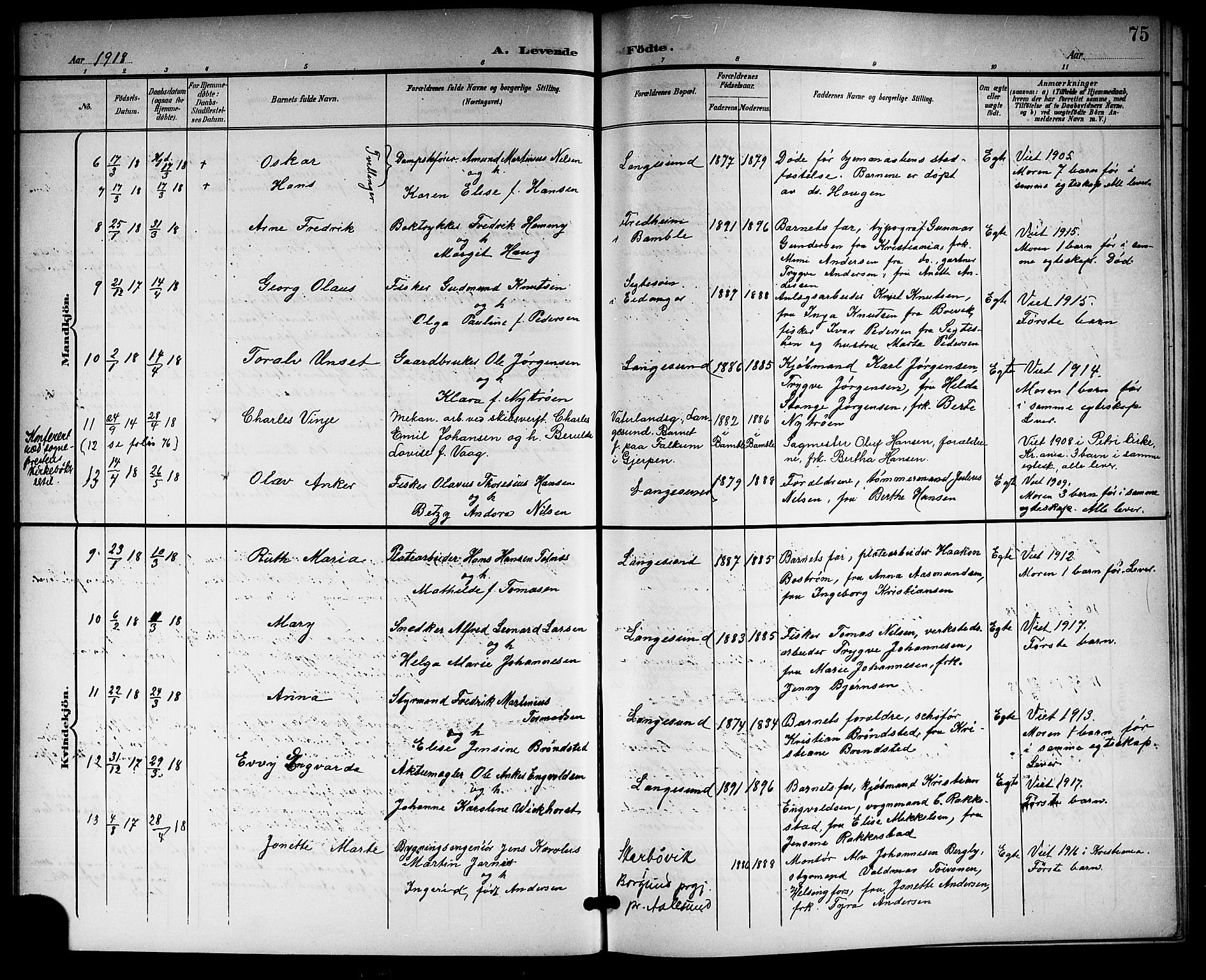 Langesund kirkebøker, AV/SAKO-A-280/G/Ga/L0006: Klokkerbok nr. 6, 1899-1918, s. 75