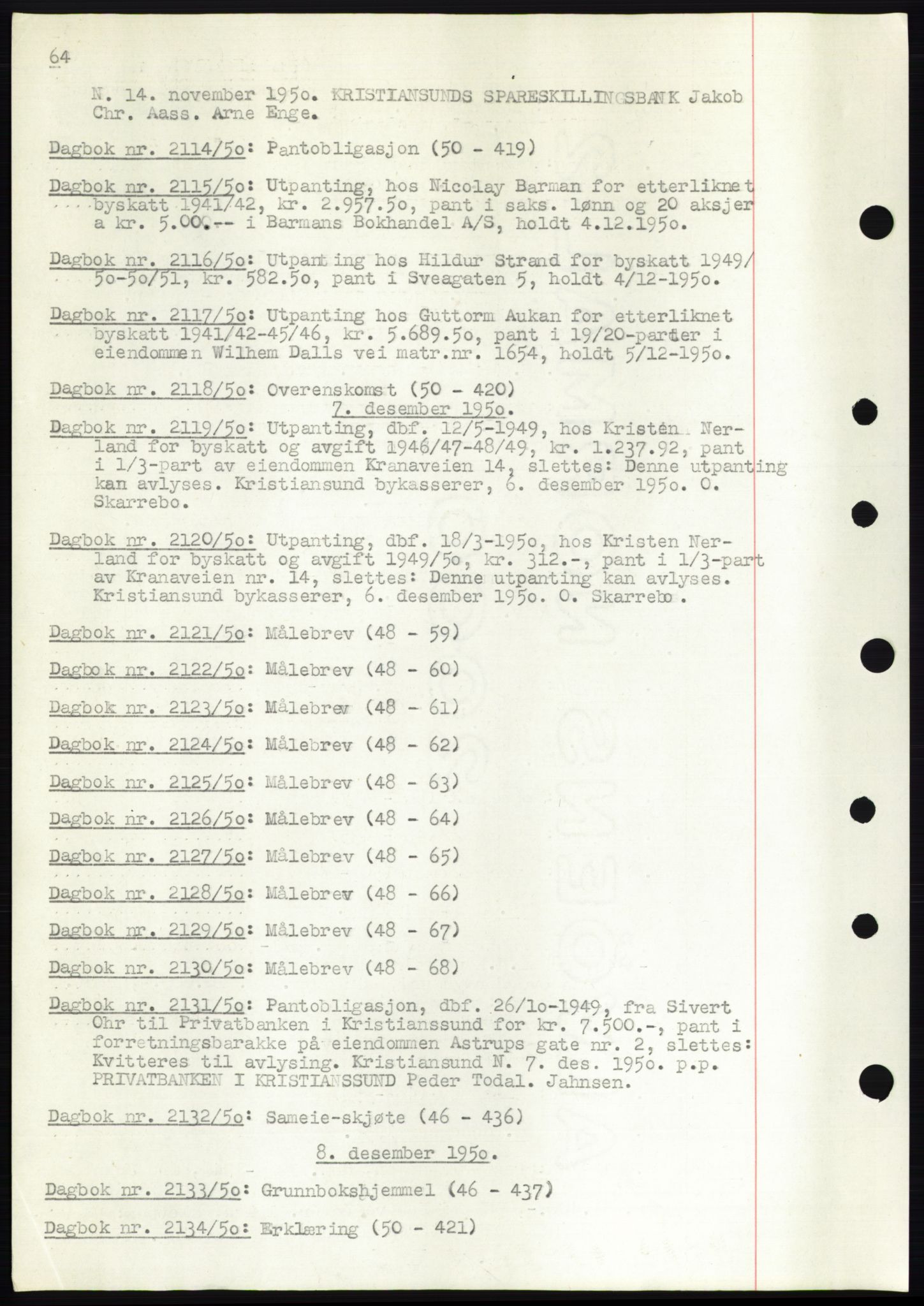 Kristiansund byfogd, AV/SAT-A-4587/A/27: Pantebok nr. 49, 1950-1950, Tingl.dato: 07.12.1950