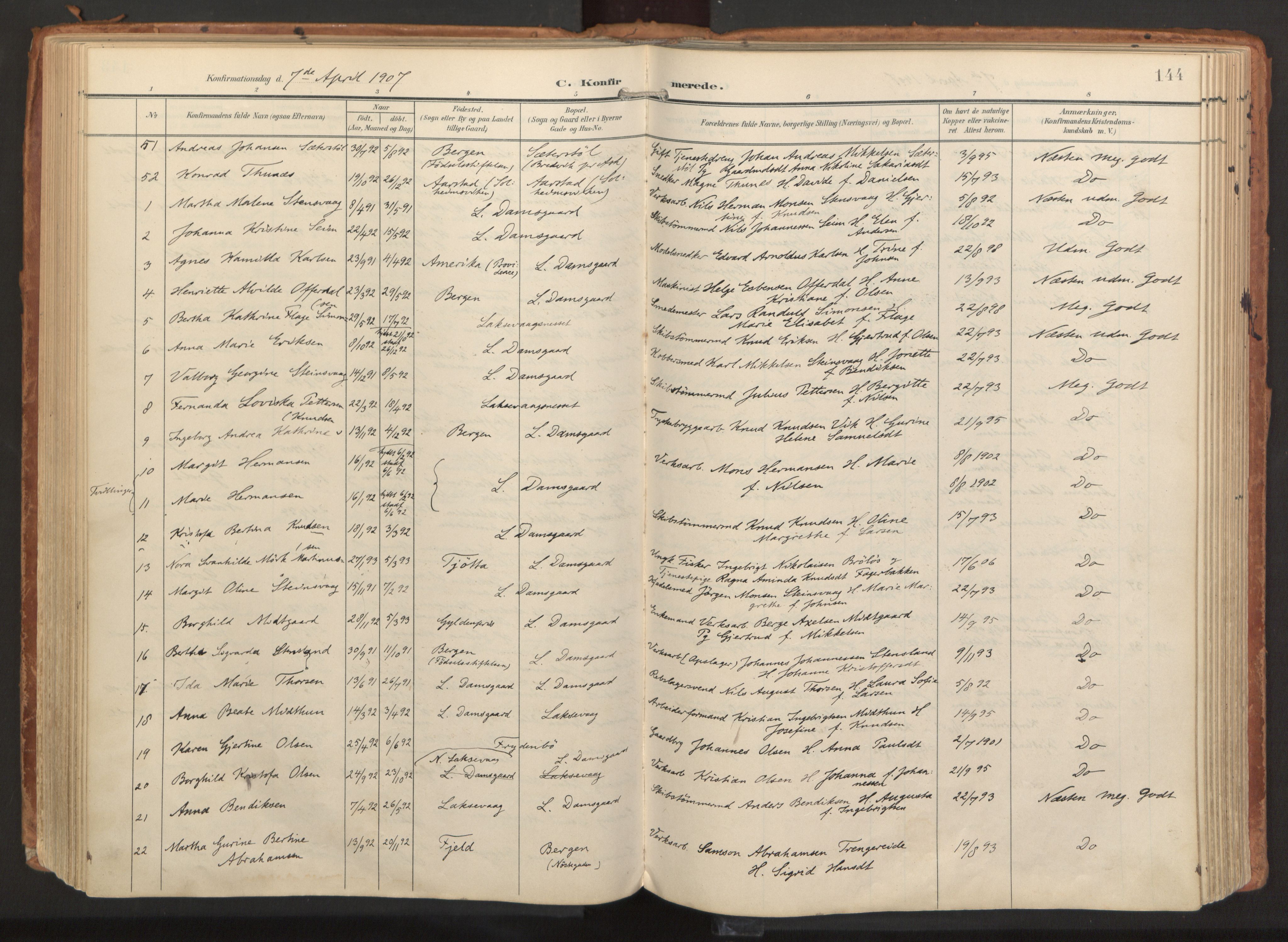Laksevåg Sokneprestembete, AV/SAB-A-76501/H/Ha/Haa/Haaa/L0001: Ministerialbok nr. A 1, 1903-1917, s. 144