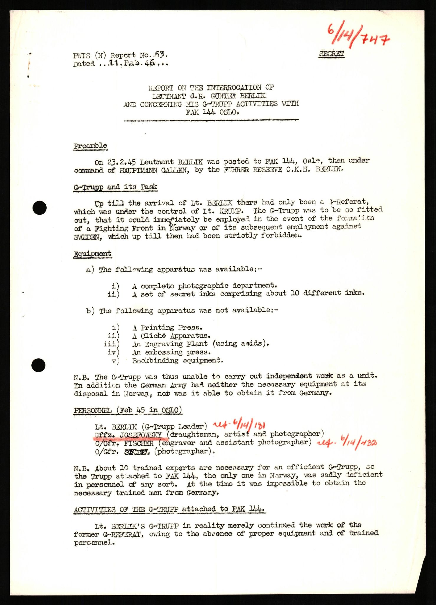 Forsvaret, Forsvarets overkommando II, AV/RA-RAFA-3915/D/Db/L0015: CI Questionaires. Tyske okkupasjonsstyrker i Norge. Tyskere., 1945-1946, s. 154