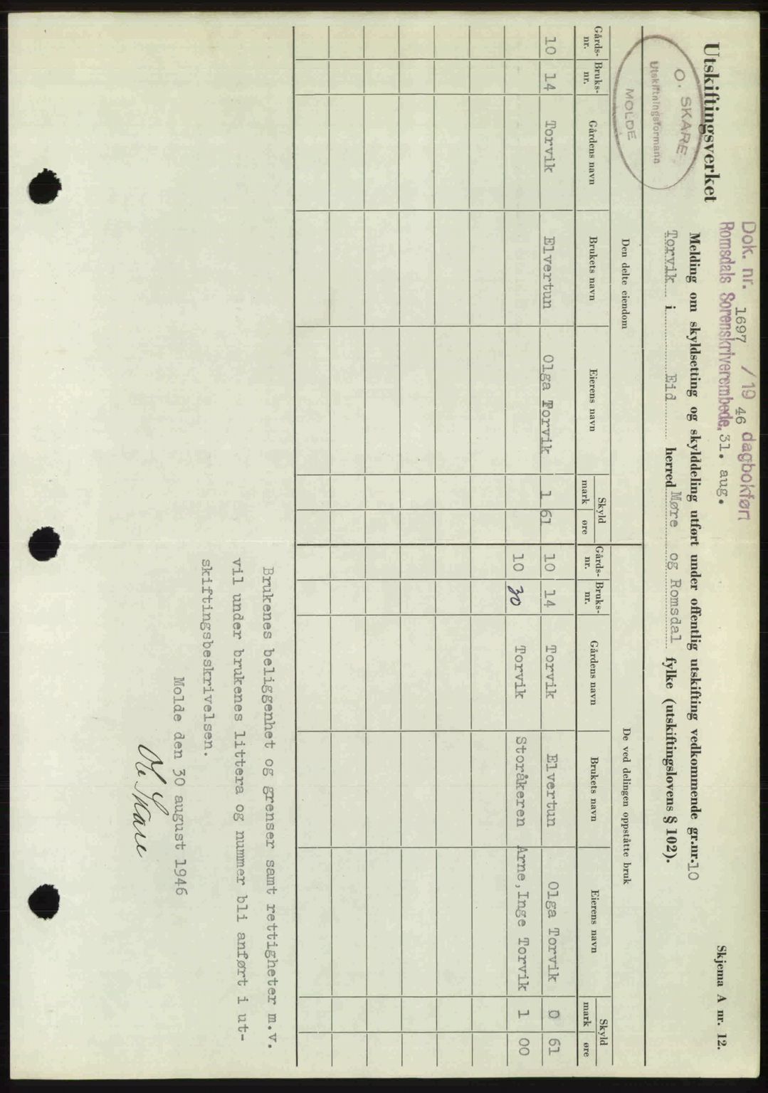 Romsdal sorenskriveri, AV/SAT-A-4149/1/2/2C: Pantebok nr. A20, 1946-1946, Dagboknr: 1697/1946