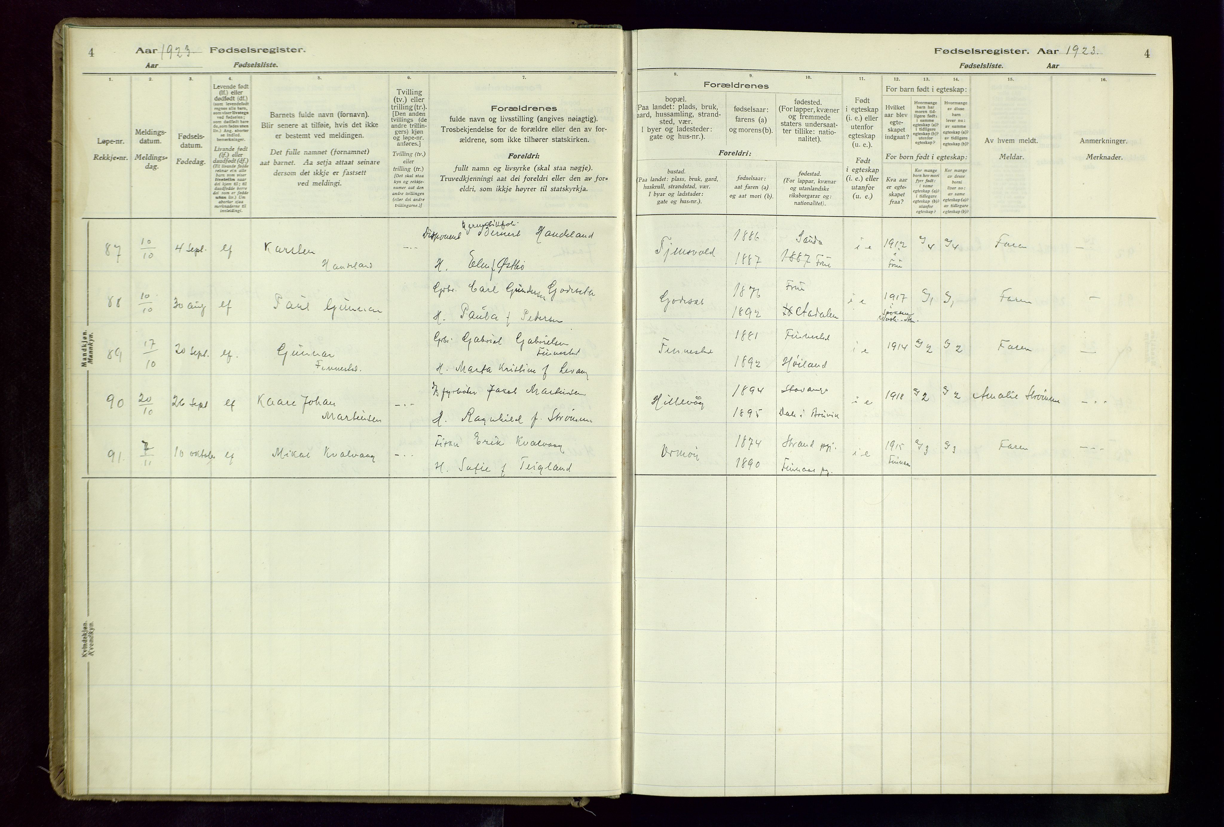 Hetland sokneprestkontor, AV/SAST-A-101826/70/704BA/L0004: Fødselsregister nr. 4, 1923-1937, s. 4