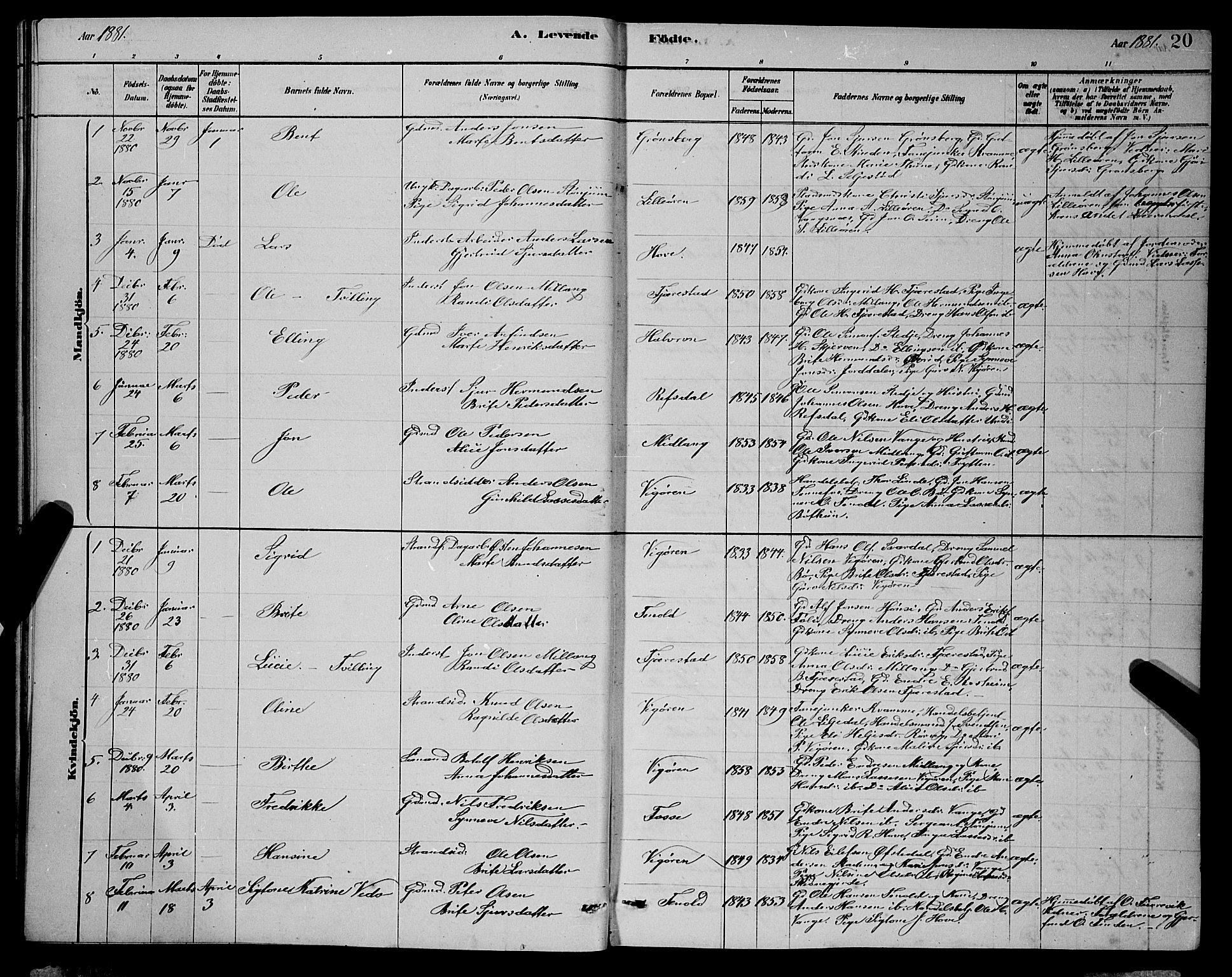 Vik sokneprestembete, AV/SAB-A-81501/H/Hab/Haba/L0003: Klokkerbok nr. A 3, 1878-1894, s. 20