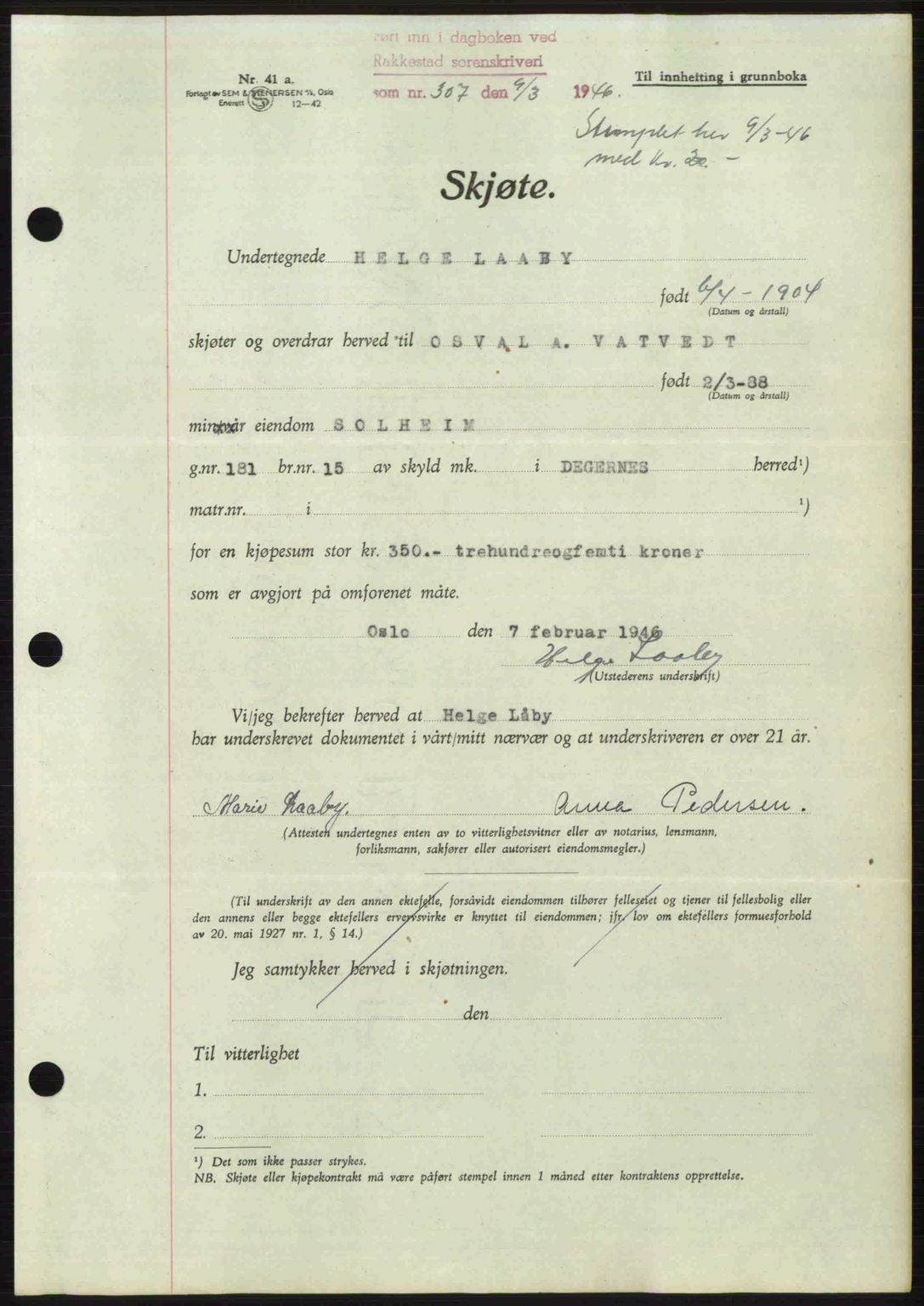 Rakkestad sorenskriveri, AV/SAO-A-10686/G/Gb/Gba/Gbab/L0012a: Pantebok nr. A12 I, 1945-1946, Dagboknr: 307/1946