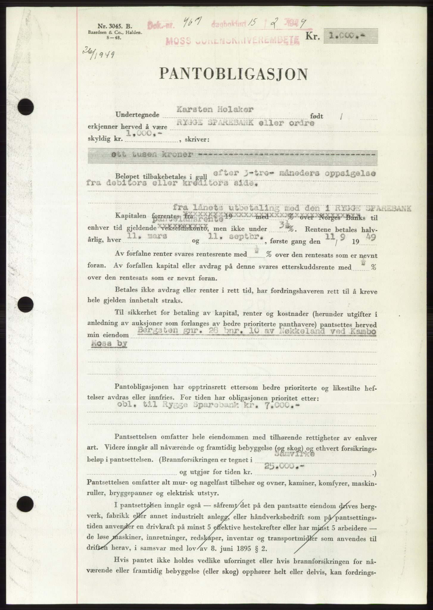 Moss sorenskriveri, SAO/A-10168: Pantebok nr. B21, 1949-1949, Dagboknr: 467/1949