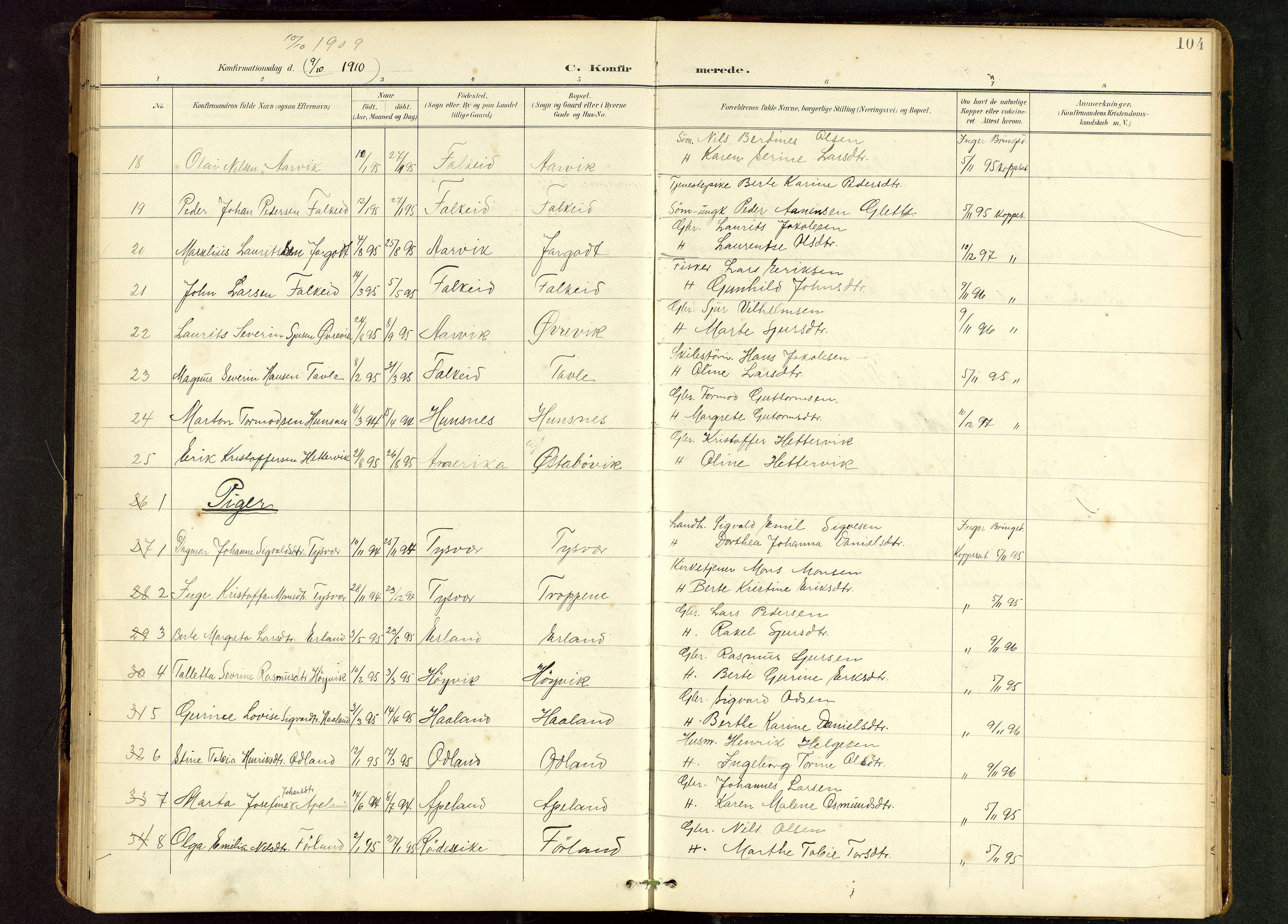 Tysvær sokneprestkontor, AV/SAST-A -101864/H/Ha/Hab/L0010: Klokkerbok nr. B 10, 1897-1912, s. 104