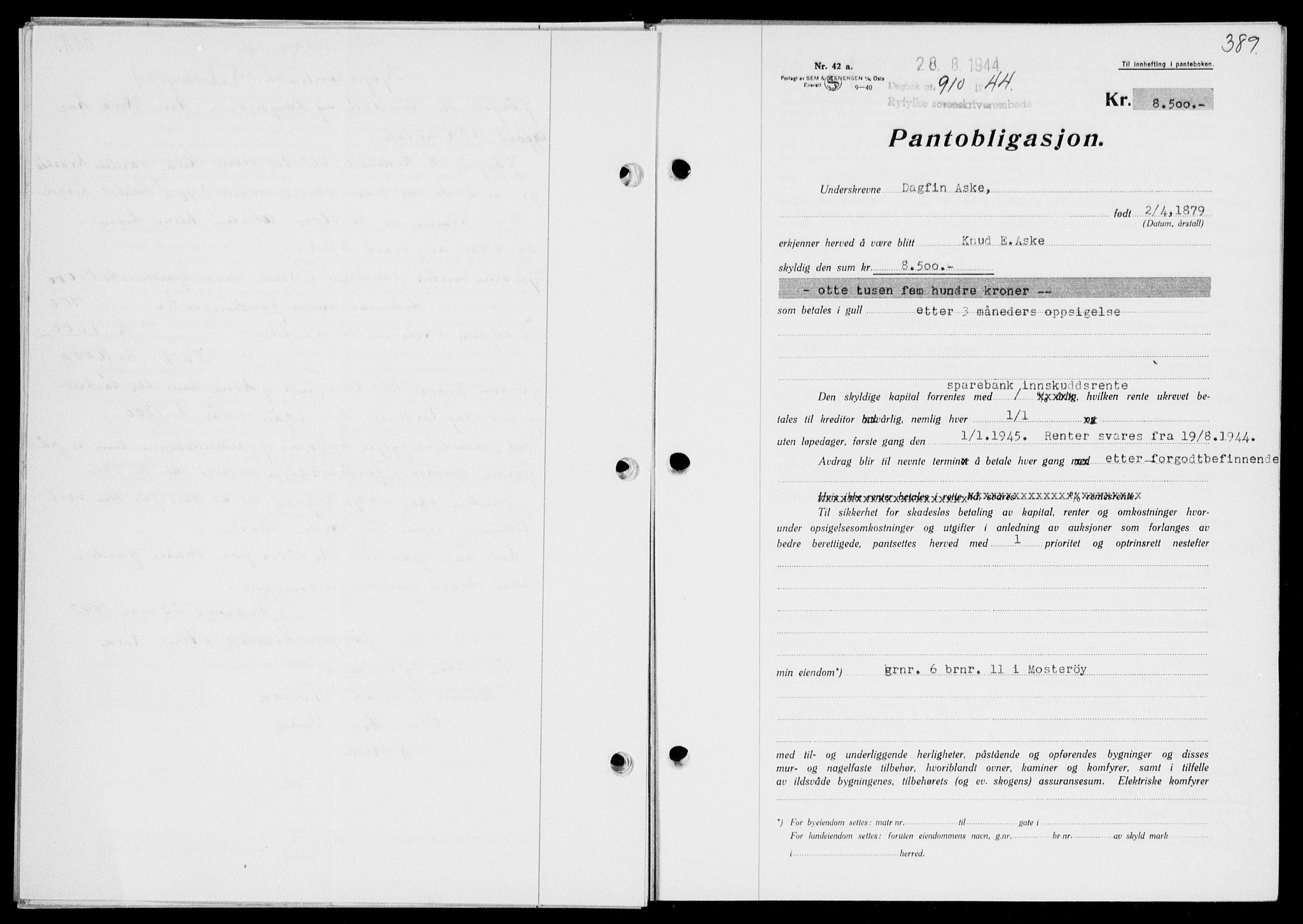 Ryfylke tingrett, SAST/A-100055/001/II/IIB/L0090: Pantebok nr. 69, 1943-1945, Dagboknr: 910/1944
