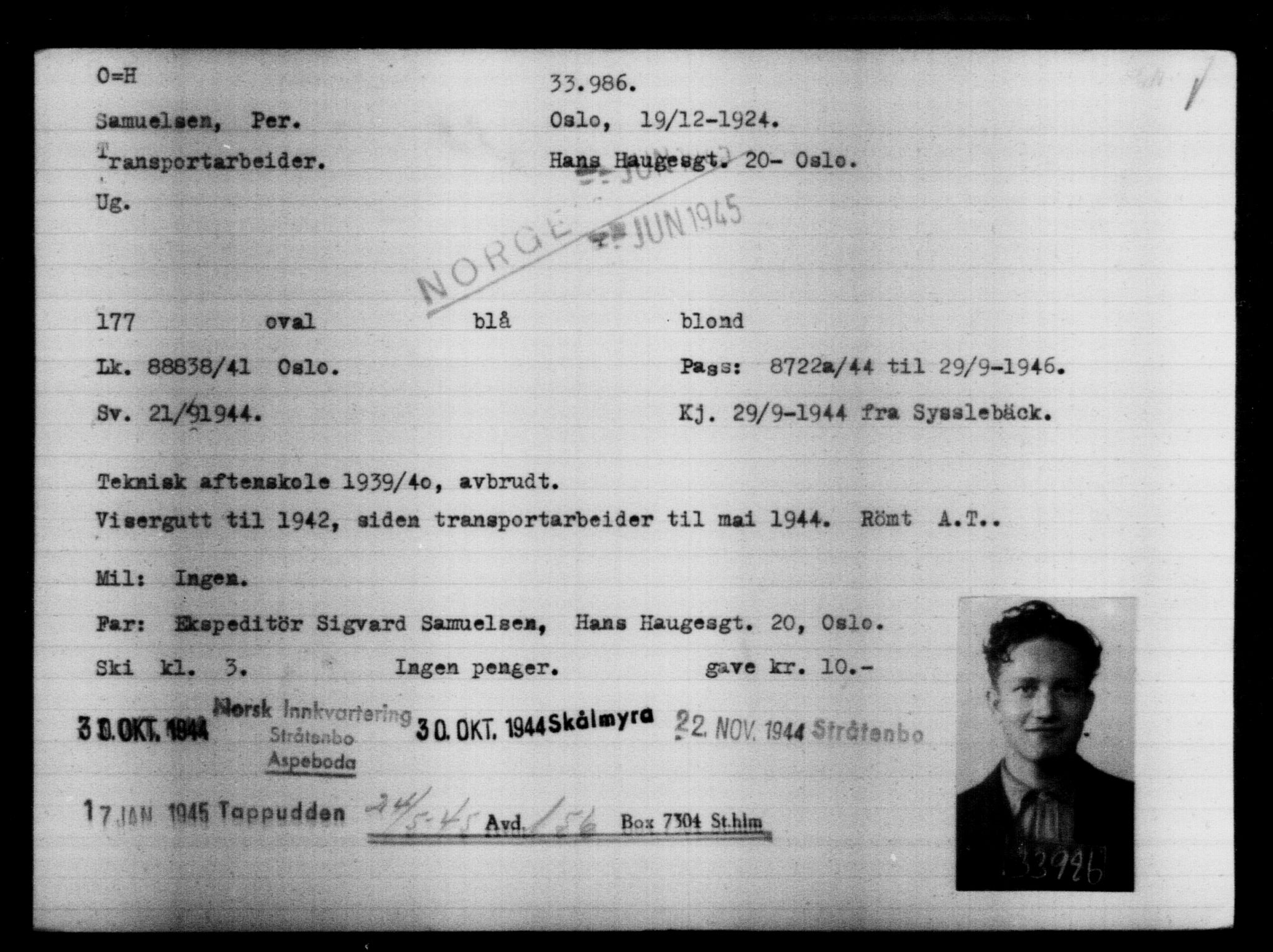 Utenriksstasjonene, Legasjonen i Stockholm, Flyktningkontoret, AV/RA-S-6753/V/Va/L0013: Kjesäterkartoteket, flyktninger med registreringsnr. 31500-34731, 1940-1945, s. 2626