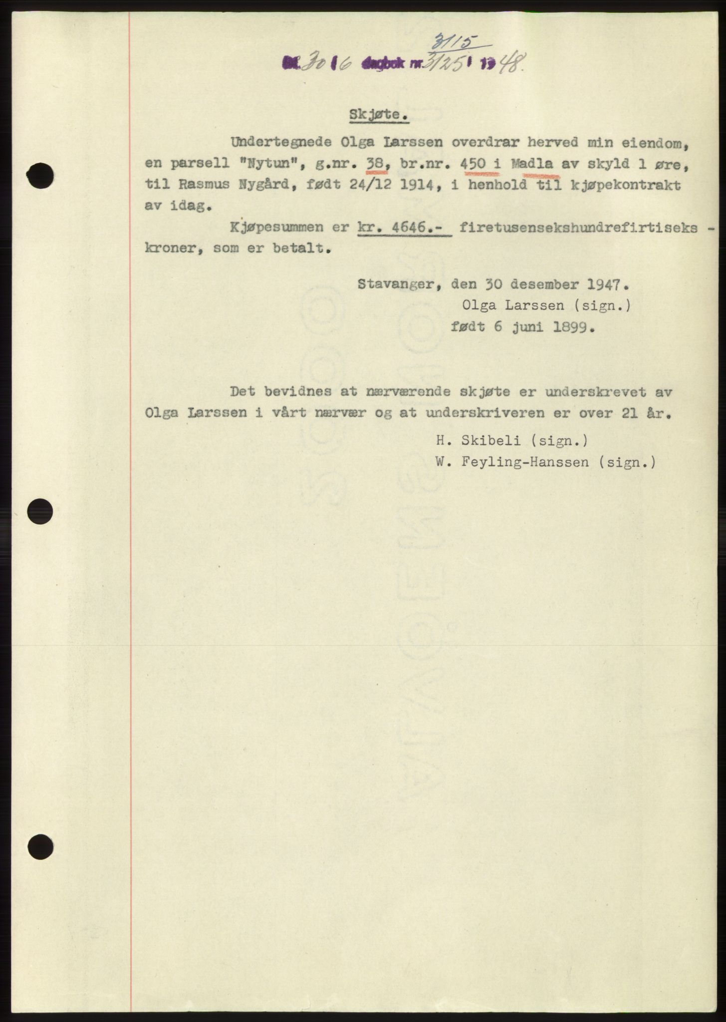 Jæren sorenskriveri, SAST/A-100310/03/G/Gba/L0099: Pantebok, 1948-1948, Dagboknr: 3115/1948