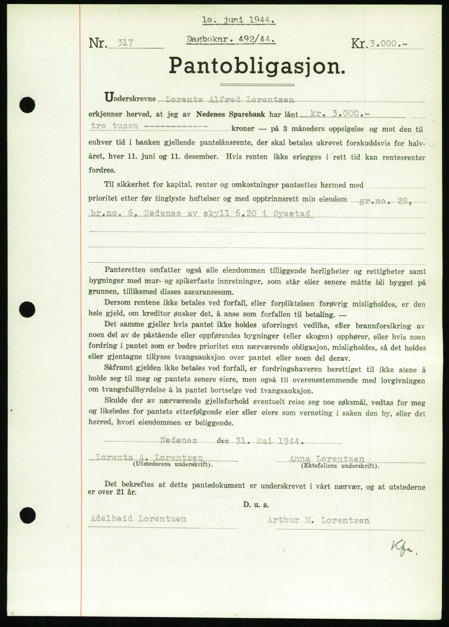 Nedenes sorenskriveri, SAK/1221-0006/G/Gb/Gbb/L0002: Pantebok nr. II, 1942-1945, Dagboknr: 492/1944
