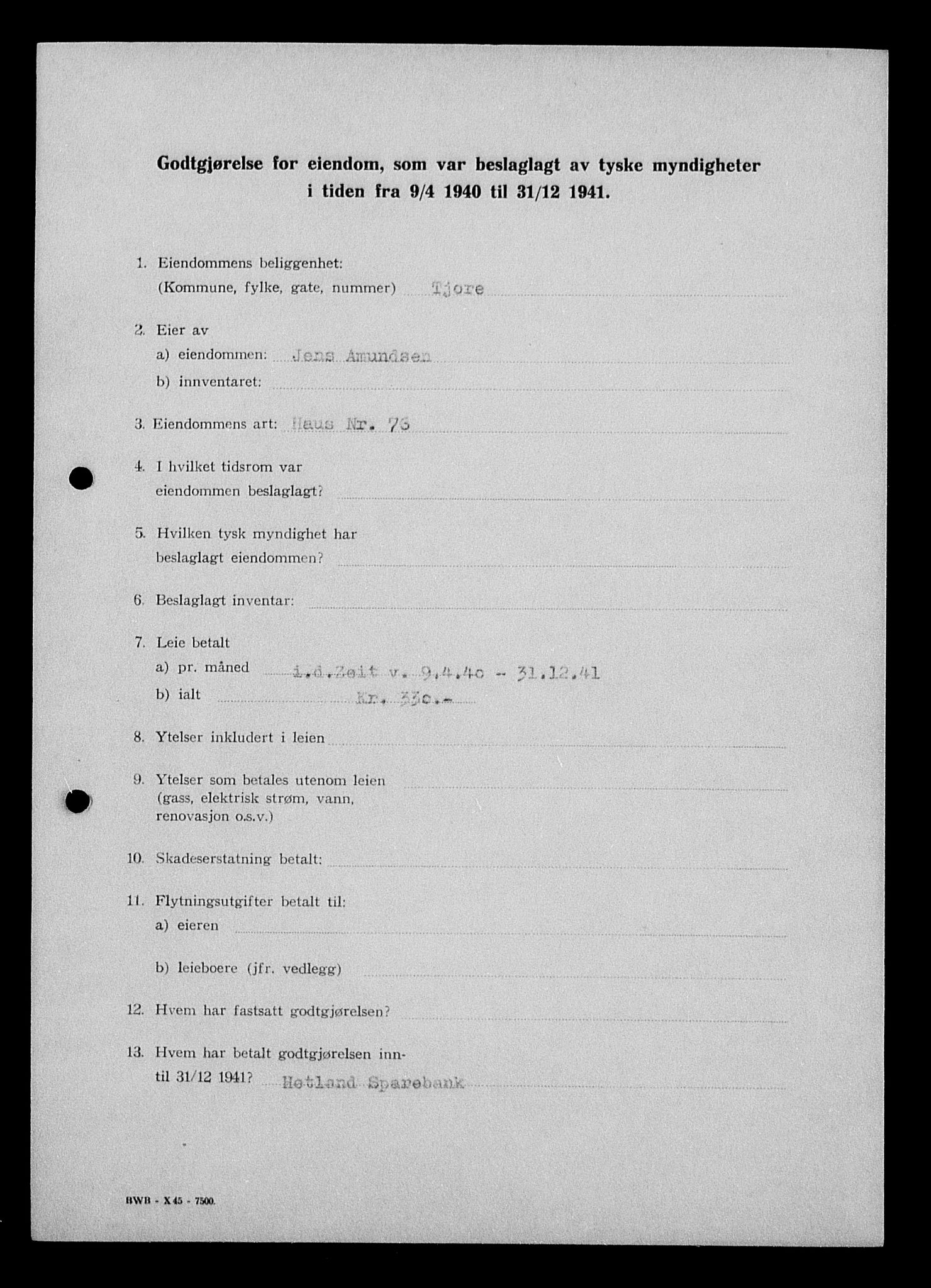 Justisdepartementet, Tilbakeføringskontoret for inndratte formuer, AV/RA-S-1564/I/L1014: Godtgjørelse for beslaglagt eiendom, 1940-1941, s. 166