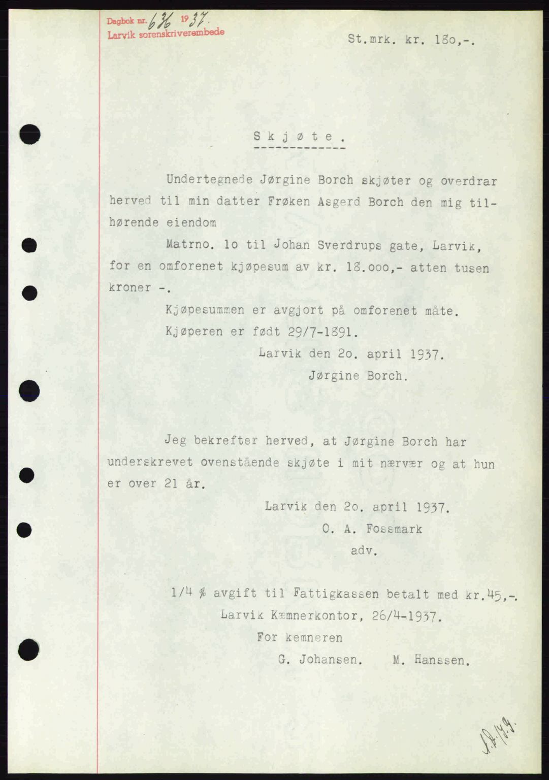 Larvik sorenskriveri, SAKO/A-83/G/Ga/Gab/L0067: Pantebok nr. A-1, 1936-1937, Dagboknr: 636/1937