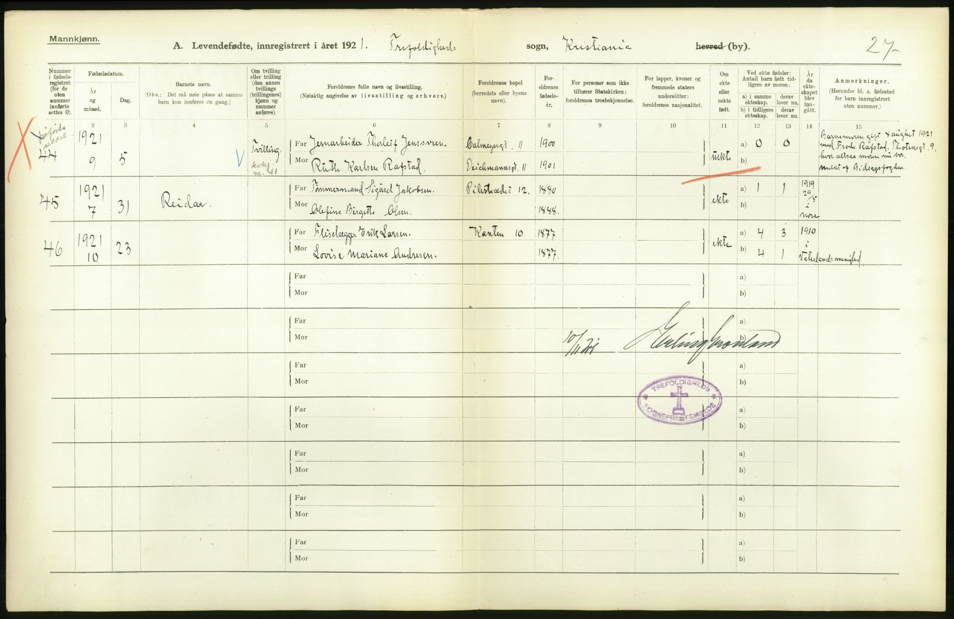 Statistisk sentralbyrå, Sosiodemografiske emner, Befolkning, AV/RA-S-2228/D/Df/Dfc/Dfca/L0009: Kristiania: Levendefødte menn og kvinner., 1921, s. 444