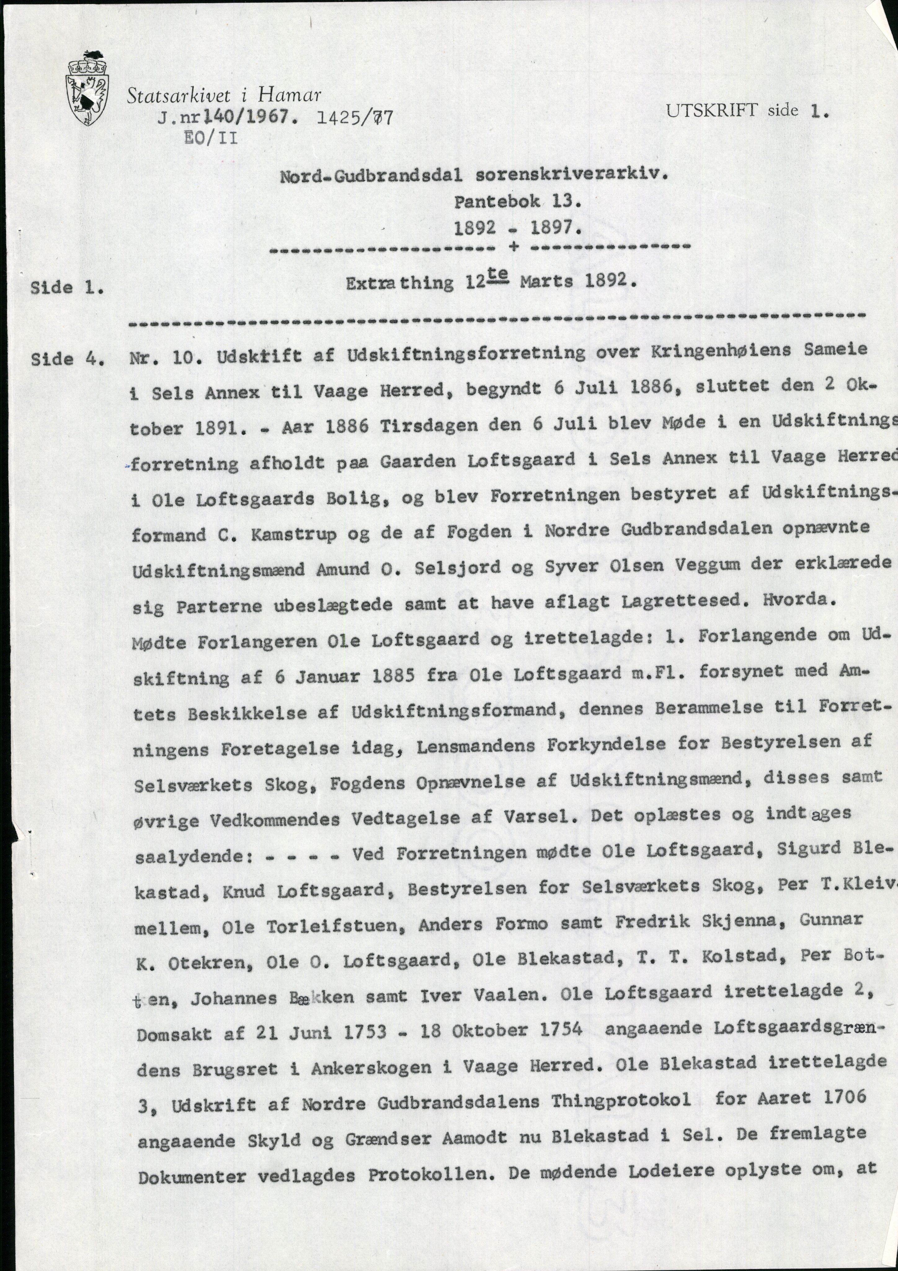 Avskriftssamlingen ved Statsarkivet i Hamar, SAH/AVSKRIFT-001/H/Hb/Hba/L0013: Pantebok for Nord-Gudbrandsdal, 1892-1897