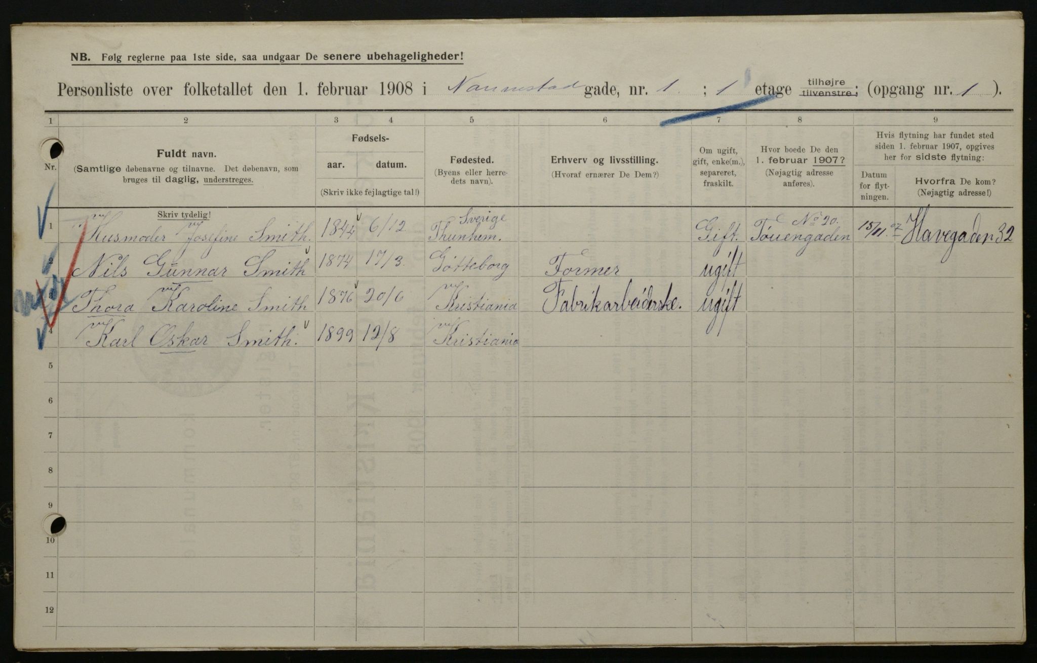 OBA, Kommunal folketelling 1.2.1908 for Kristiania kjøpstad, 1908, s. 61862
