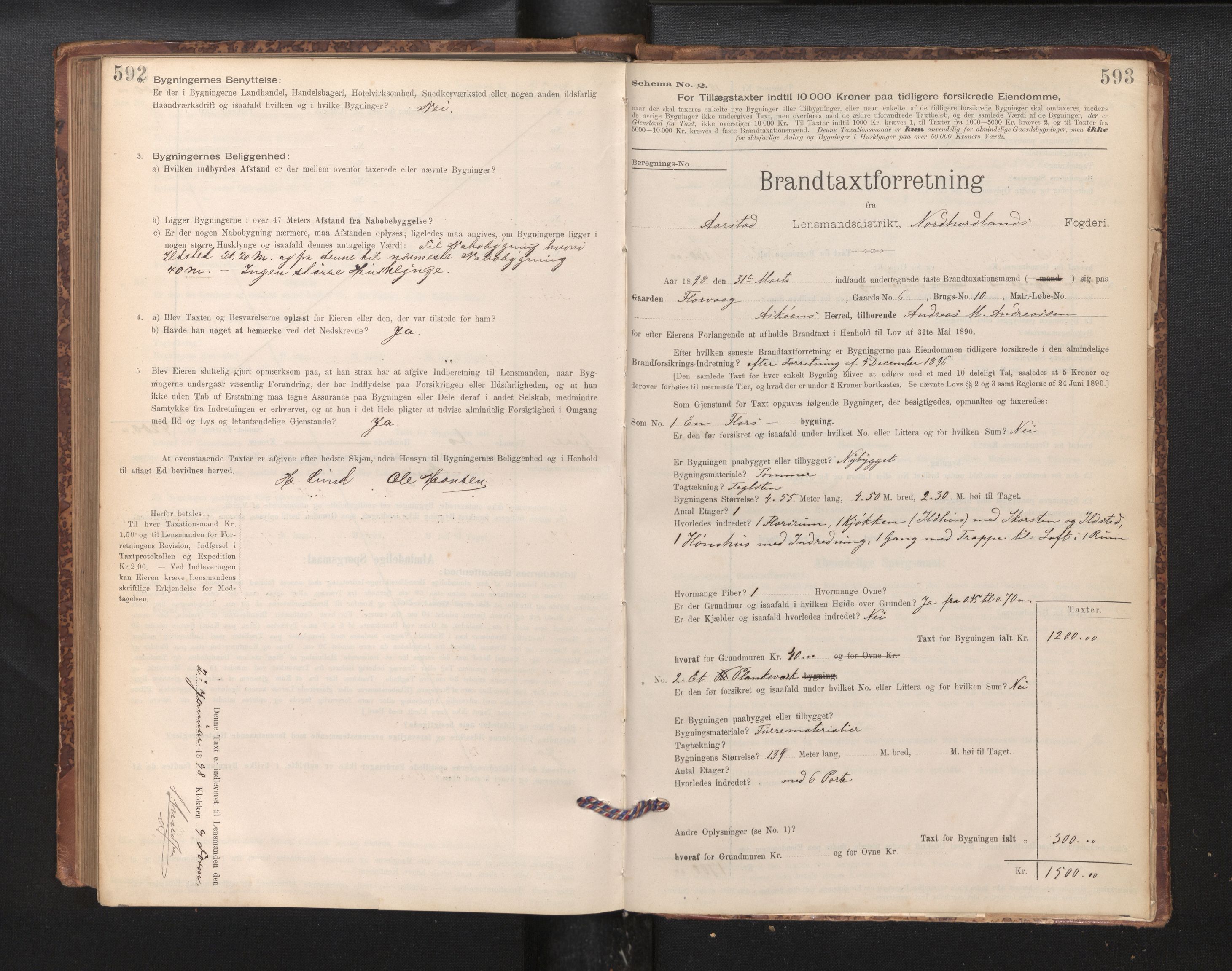Lensmannen i Årstad, SAB/A-36201/0012/L0011: Branntakstprotokoll,skjematakst, 1895-1901, s. 592-593