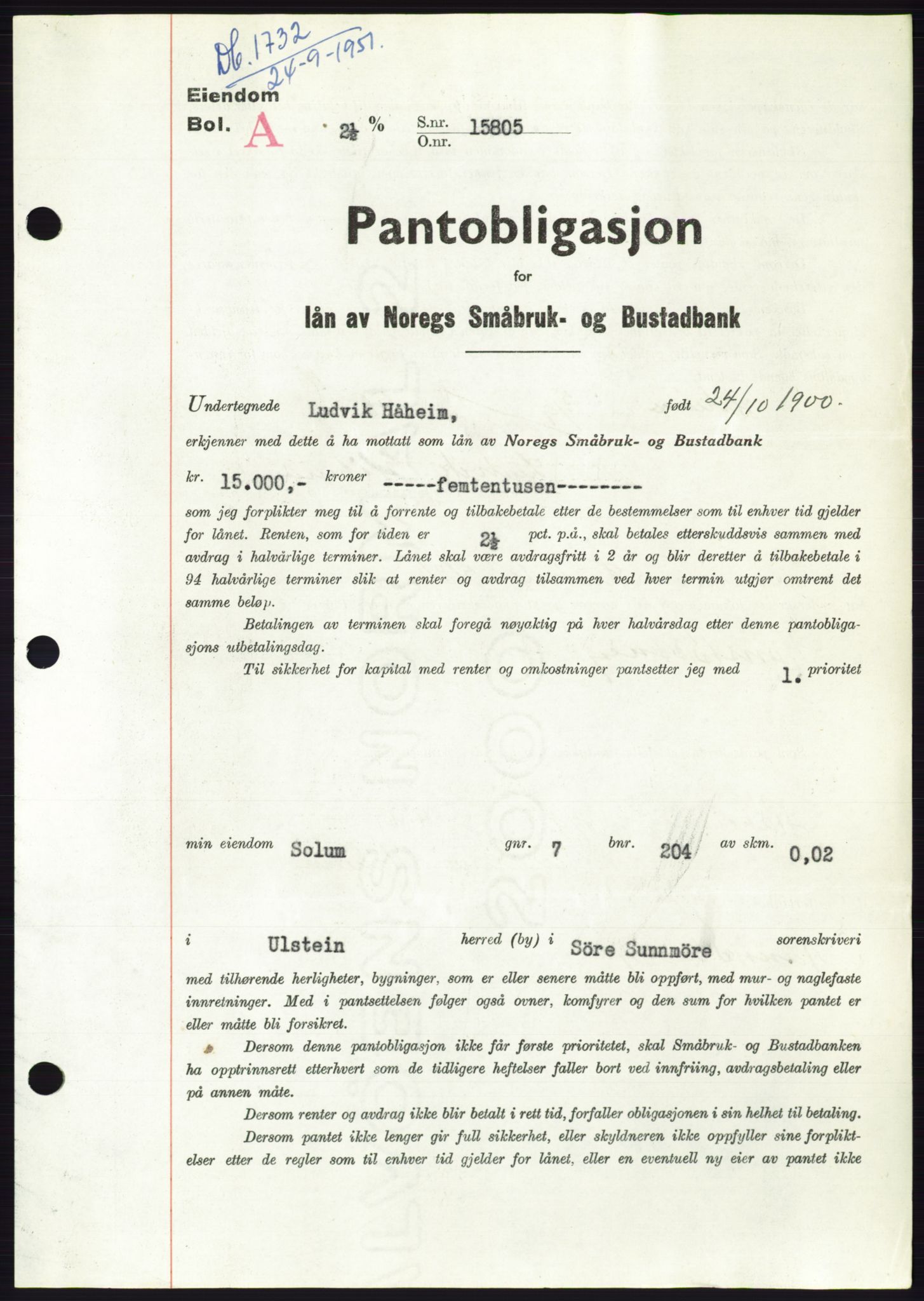 Søre Sunnmøre sorenskriveri, SAT/A-4122/1/2/2C/L0120: Pantebok nr. 8B, 1951-1951, Dagboknr: 1732/1951