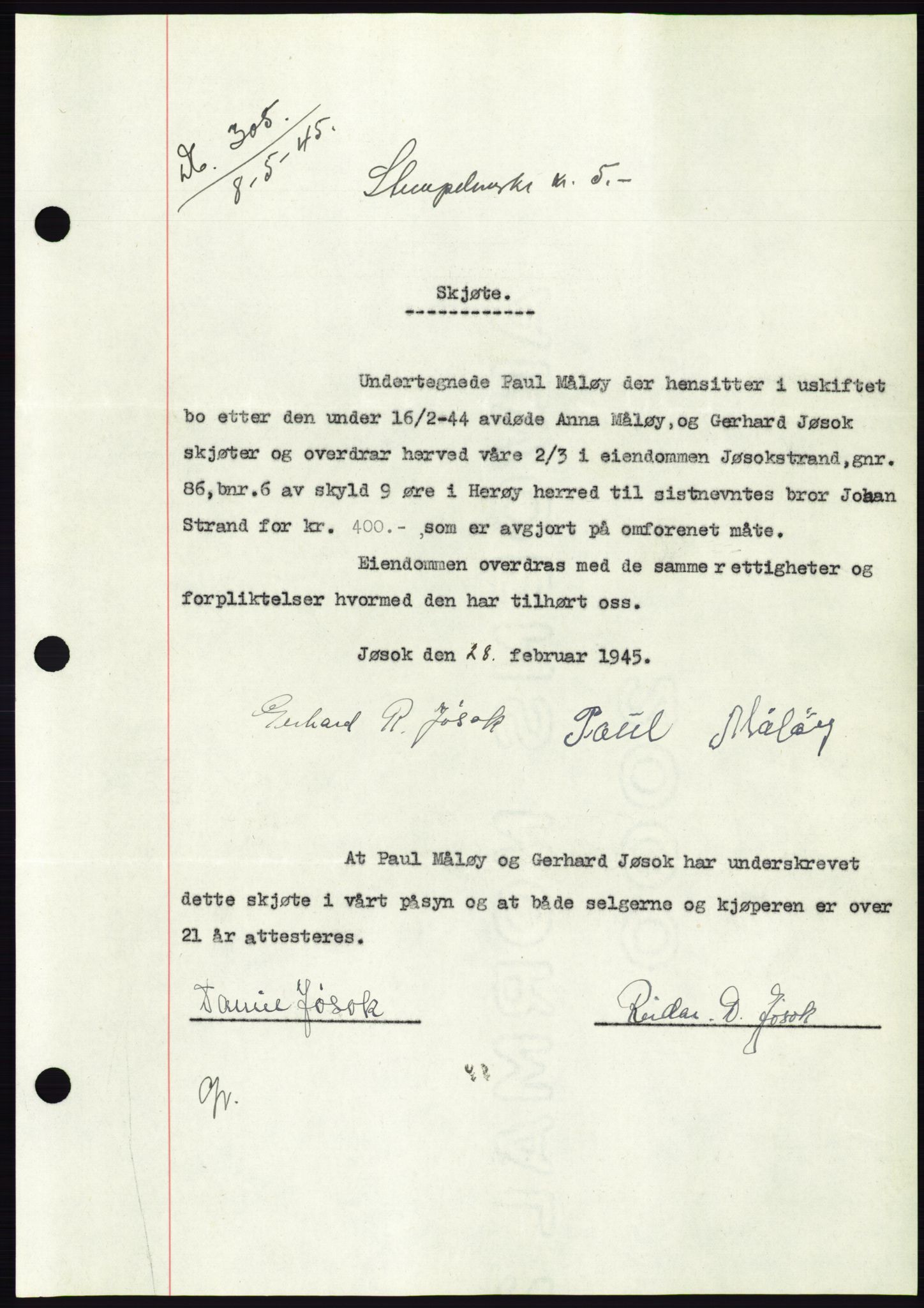 Søre Sunnmøre sorenskriveri, SAT/A-4122/1/2/2C/L0077: Pantebok nr. 3A, 1945-1946, Dagboknr: 305/1945