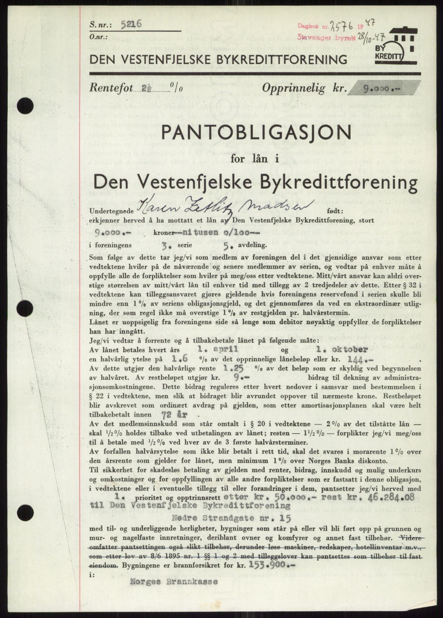 Stavanger byrett, SAST/A-100455/002/G/Gb/L0032: Pantebok, 1947-1950, Dagboknr: 2576/1947