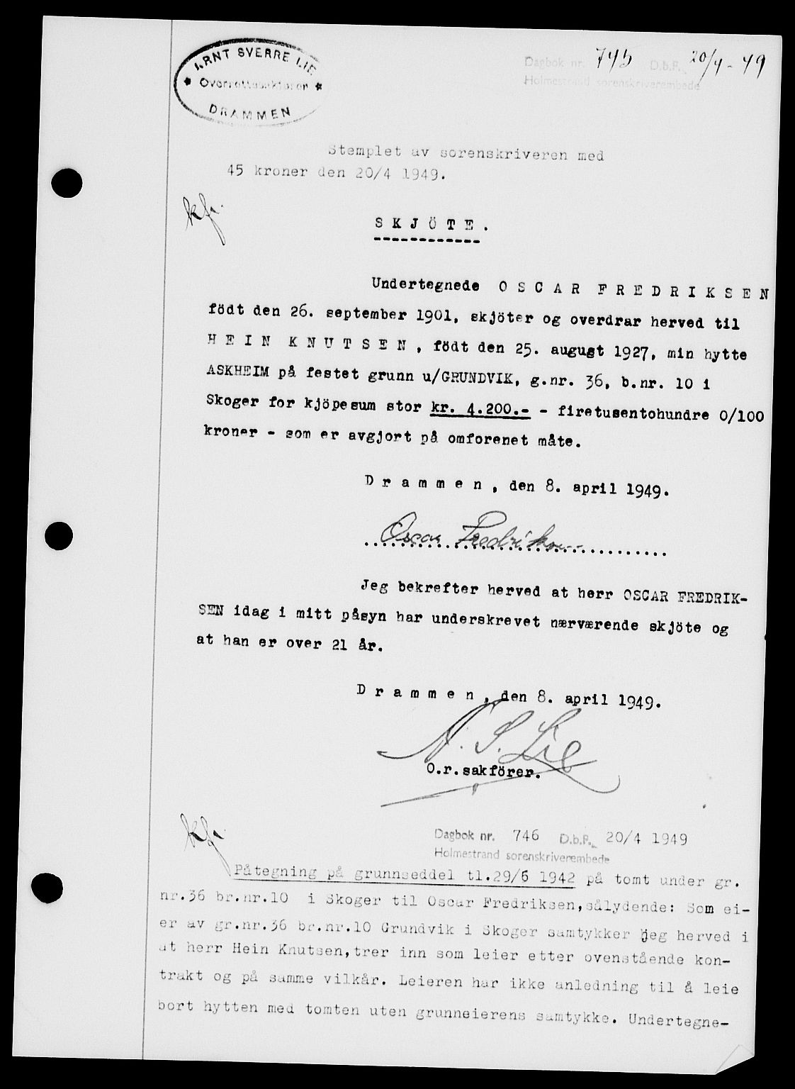 Holmestrand sorenskriveri, SAKO/A-67/G/Ga/Gaa/L0066: Pantebok nr. A-66, 1949-1949, Dagboknr: 745/1949