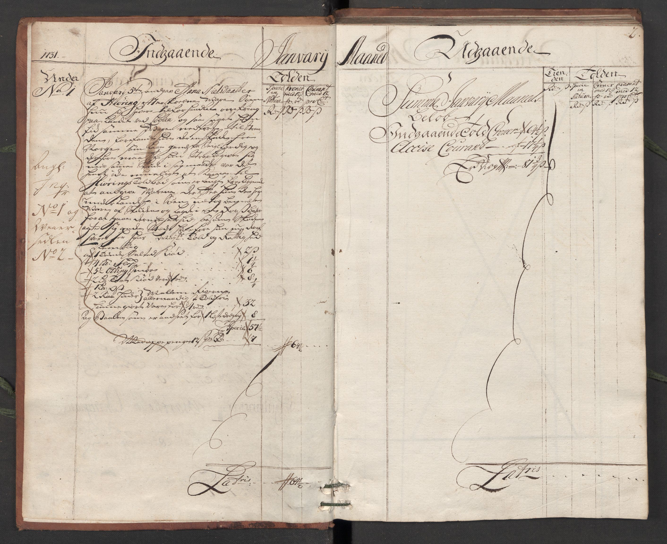 Generaltollkammeret, tollregnskaper, RA/EA-5490/R13/L0006/0001: Tollregnskaper Kragerø / Hovedtollbok, 1731, s. 1b-2a