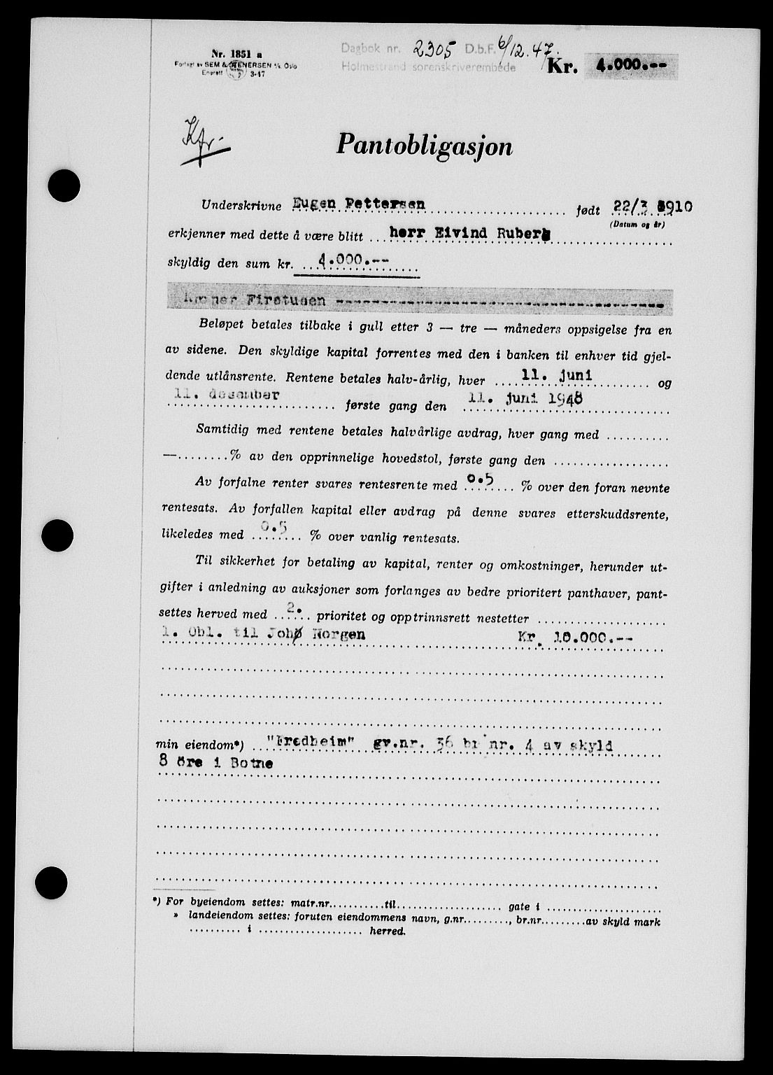 Holmestrand sorenskriveri, SAKO/A-67/G/Ga/Gab/L0058: Pantebok nr. B-58, 1947-1948, Dagboknr: 2305/1947