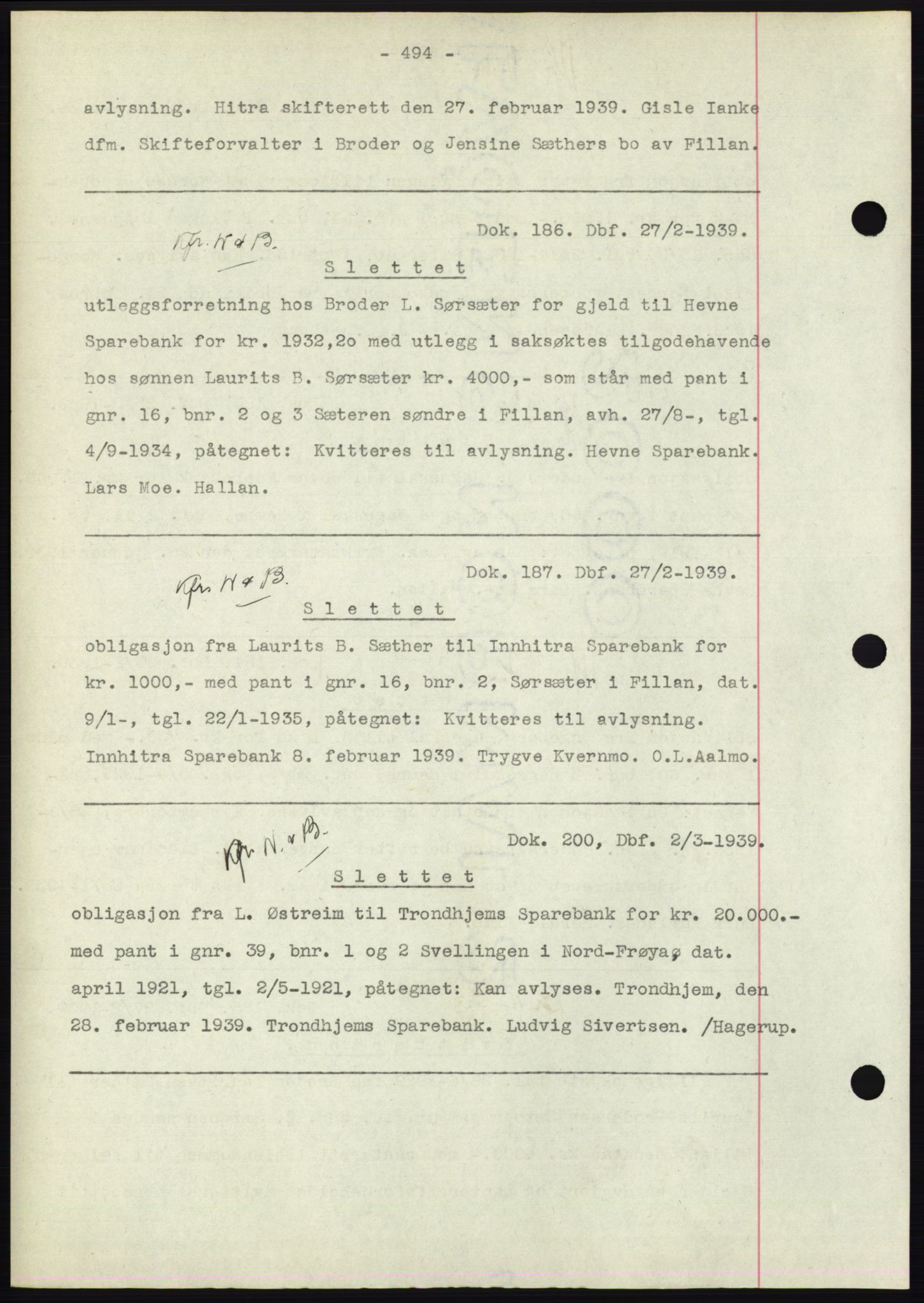 Hitra sorenskriveri, AV/SAT-A-0018/2/2C/2Ca: Pantebok nr. C1, 1936-1945, Dagboknr: 186/1939