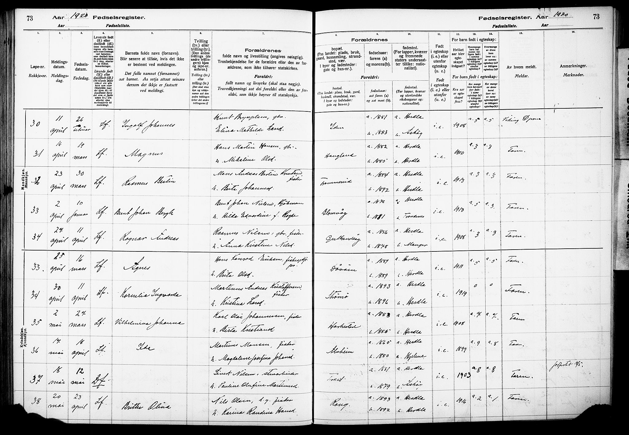 Herdla Sokneprestembete, AV/SAB-A-75701/I/Id/L00A1: Fødselsregister nr. A 1, 1916-1929, s. 73