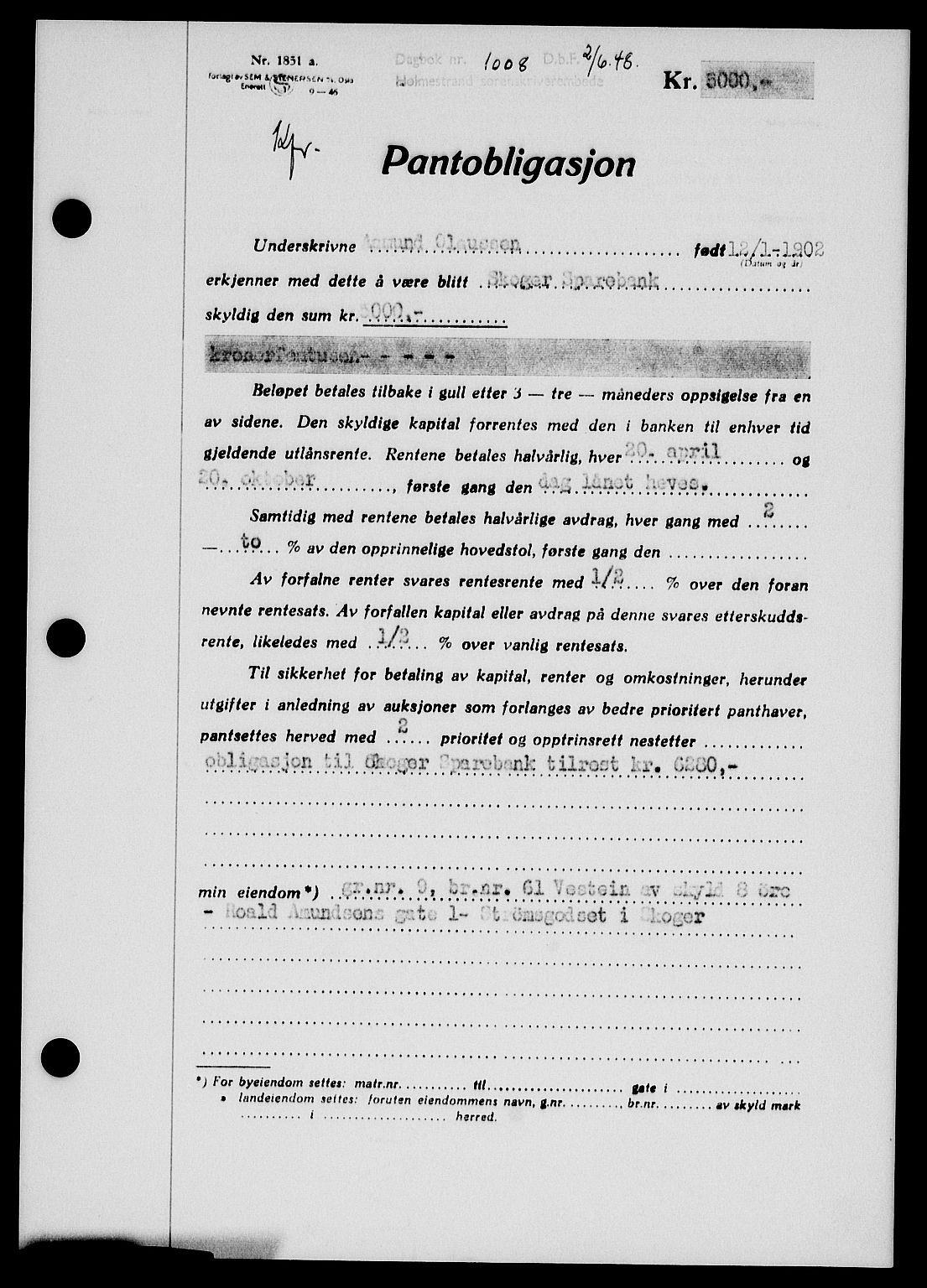 Holmestrand sorenskriveri, SAKO/A-67/G/Ga/Gab/L0058: Pantebok nr. B-58, 1947-1948, Dagboknr: 1008/1948