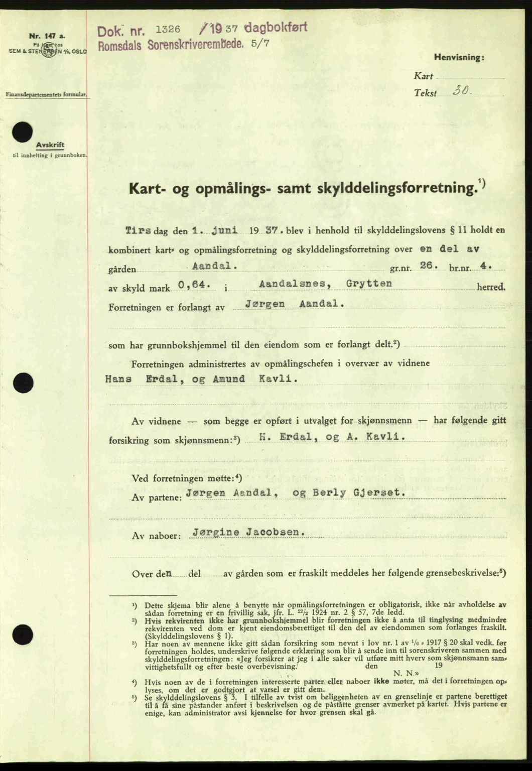 Romsdal sorenskriveri, SAT/A-4149/1/2/2C: Pantebok nr. A3, 1937-1937, Dagboknr: 1326/1937