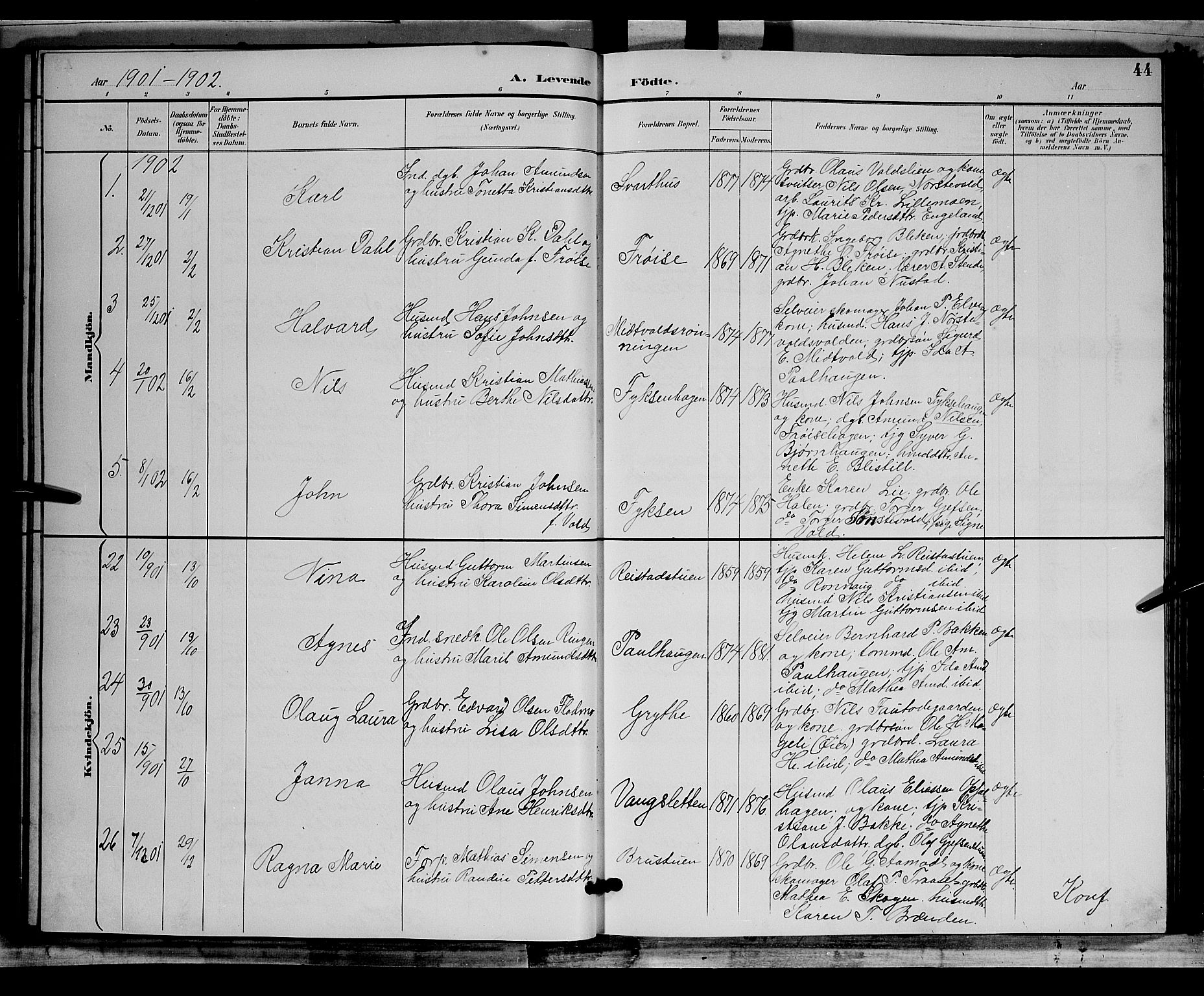 Østre Gausdal prestekontor, AV/SAH-PREST-092/H/Ha/Hab/L0002: Klokkerbok nr. 2, 1894-1904, s. 44
