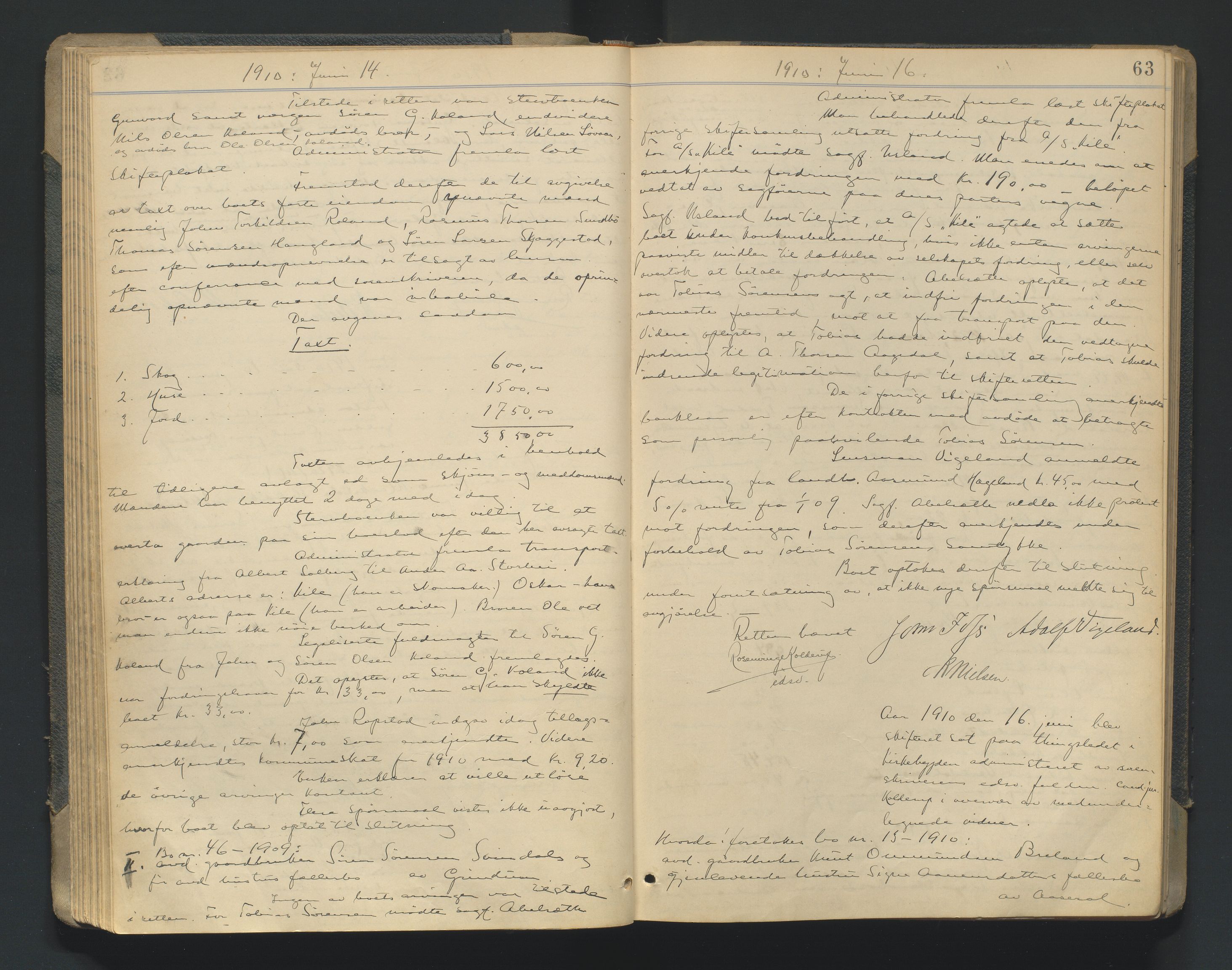 Mandal sorenskriveri, AV/SAK-1221-0005/001/H/Hc/L0081: Skifteforhandlingsprotokoll nr 13, 1909-1913, s. 63