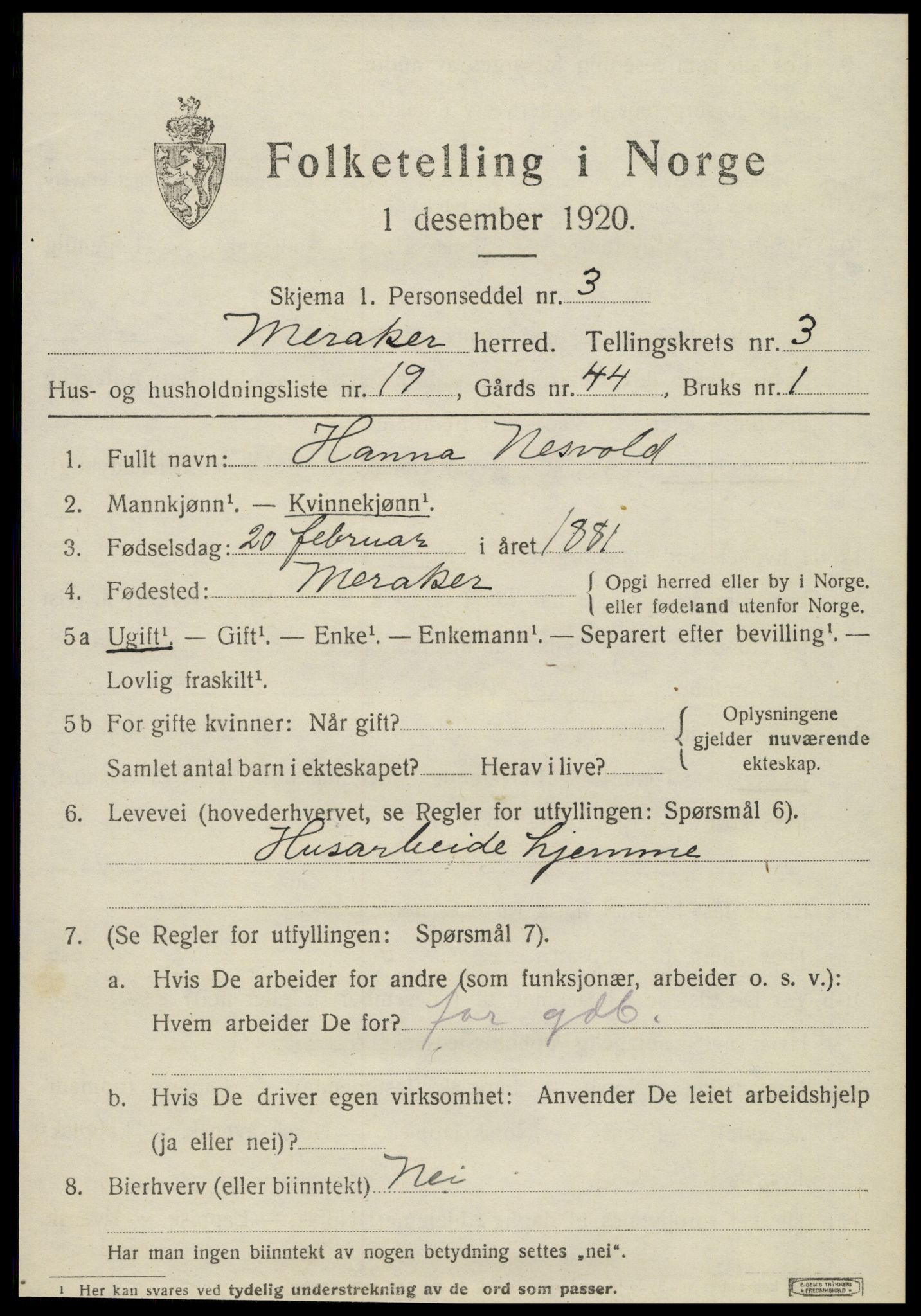 SAT, Folketelling 1920 for 1711 Meråker herred, 1920, s. 3364