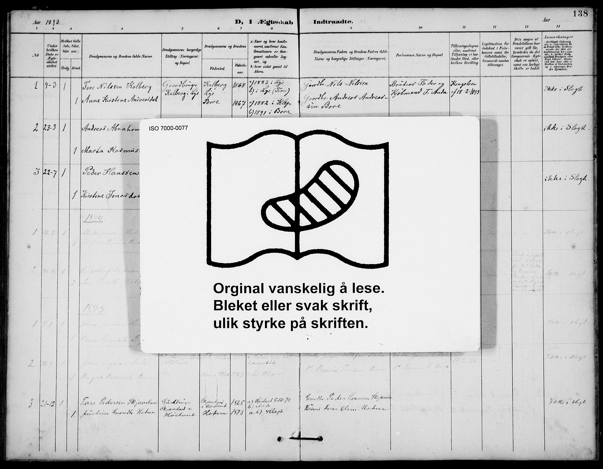 Klepp sokneprestkontor, SAST/A-101803/001/3/30BB/L0006: Klokkerbok nr. B 6, 1889-1936, s. 138