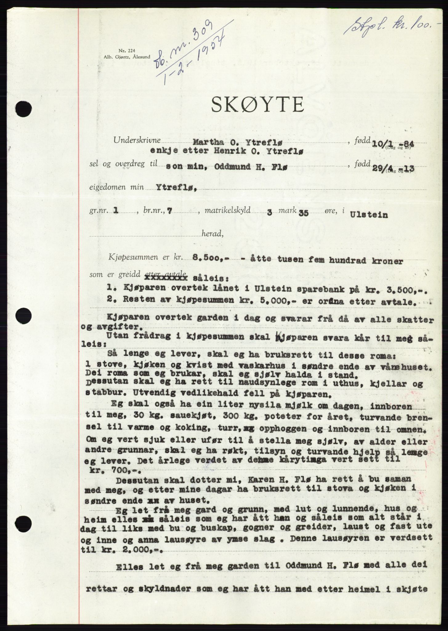 Søre Sunnmøre sorenskriveri, AV/SAT-A-4122/1/2/2C/L0097: Pantebok nr. 23A, 1954-1954, Dagboknr: 309/1954