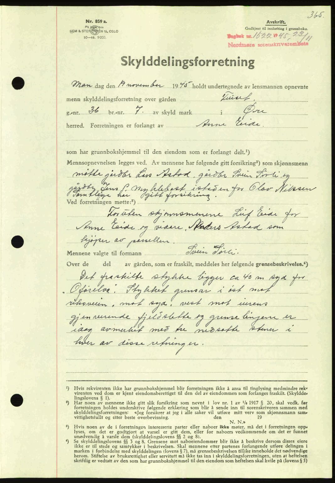 Nordmøre sorenskriveri, AV/SAT-A-4132/1/2/2Ca: Pantebok nr. A100a, 1945-1945, Dagboknr: 1522/1945