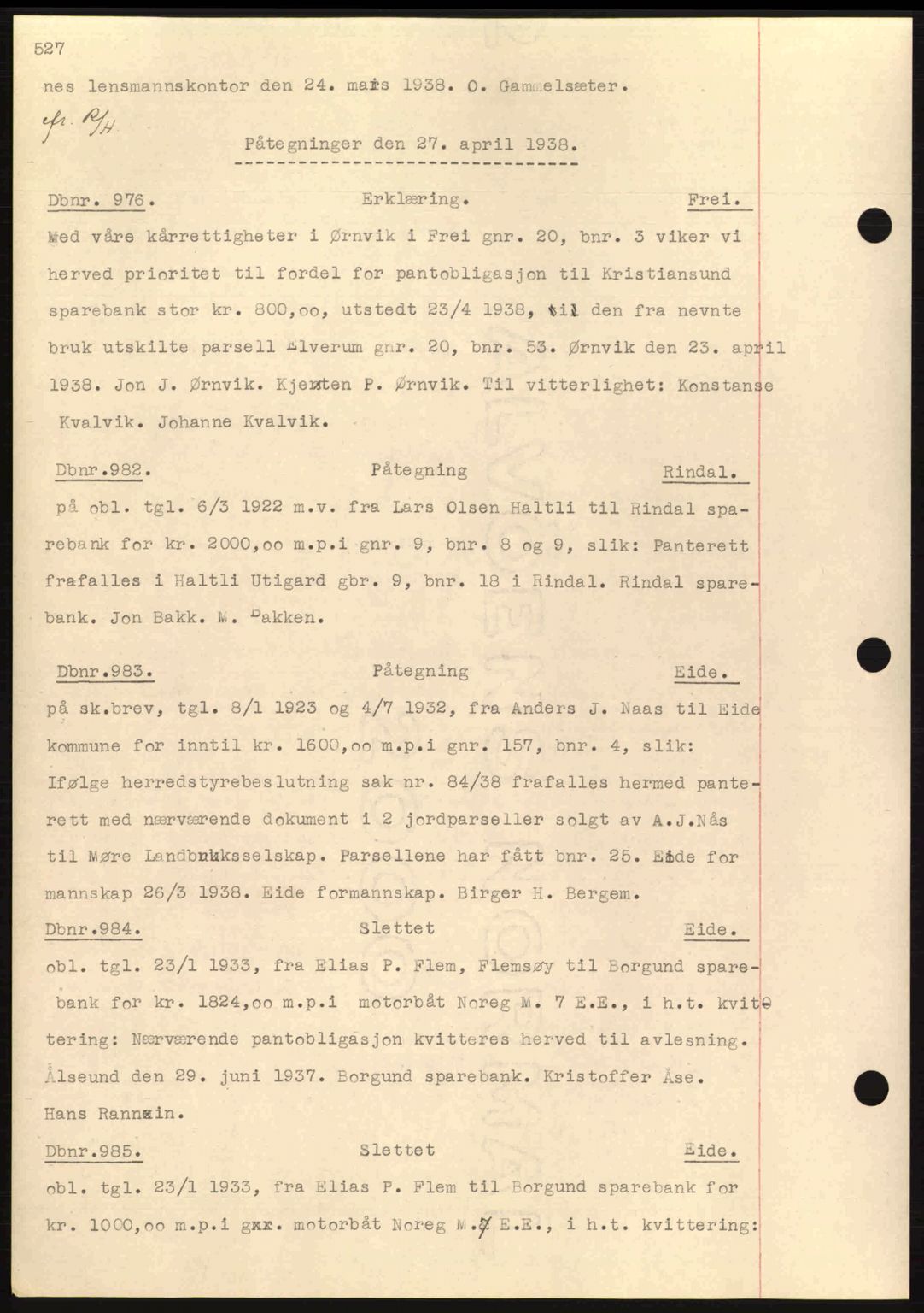 Nordmøre sorenskriveri, SAT/A-4132/1/2/2Ca: Pantebok nr. C80, 1936-1939, Dagboknr: 976/1938
