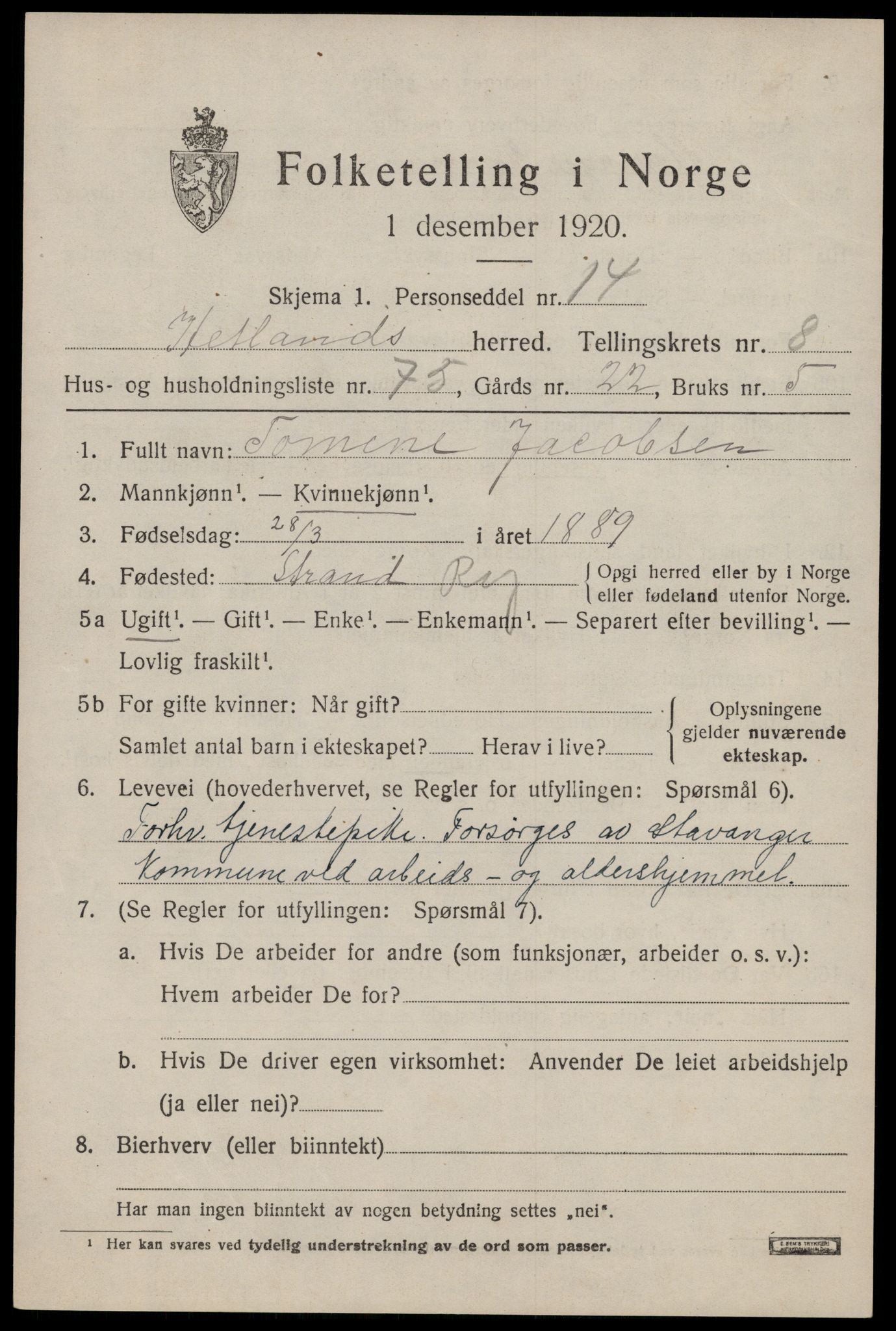 SAST, Folketelling 1920 for 1126 Hetland herred, 1920, s. 16751