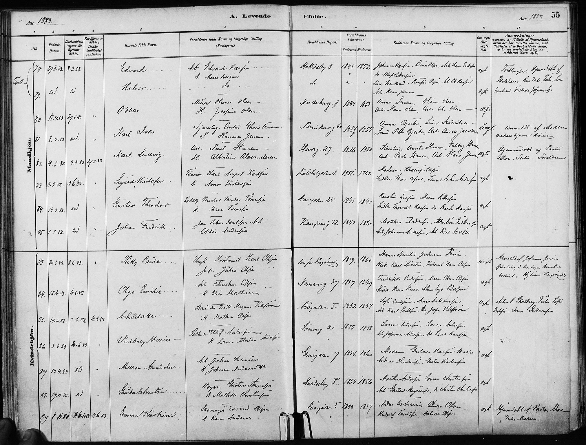 Kampen prestekontor Kirkebøker, AV/SAO-A-10853/F/Fa/L0001: Ministerialbok nr. I 1, 1880-1886, s. 55