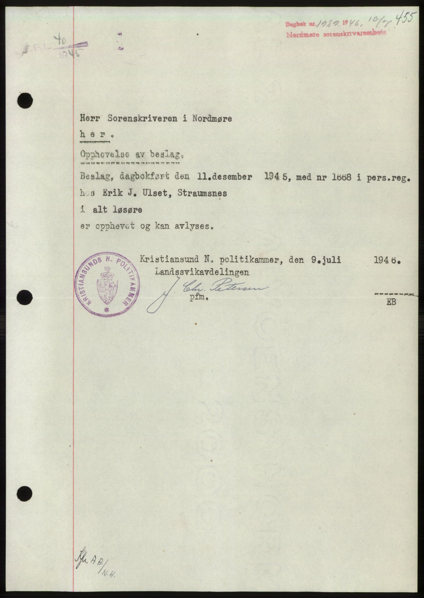 Nordmøre sorenskriveri, SAT/A-4132/1/2/2Ca: Pantebok nr. B94, 1946-1946, Dagboknr: 1282/1946