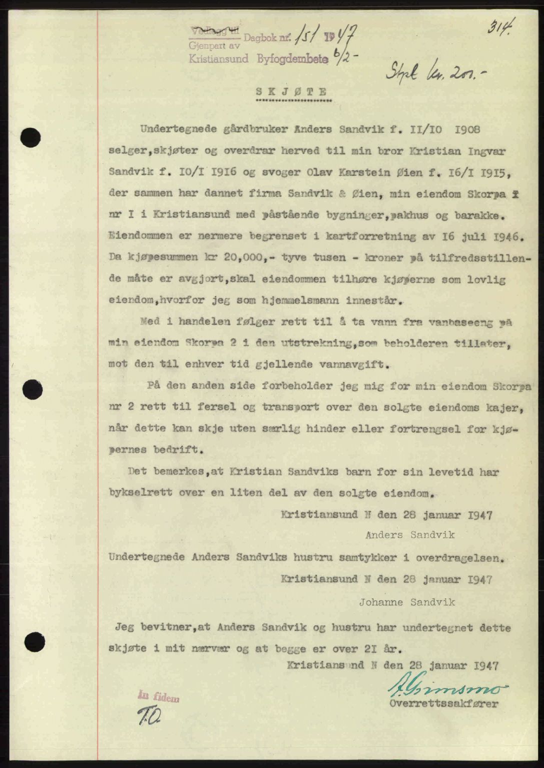 Kristiansund byfogd, AV/SAT-A-4587/A/27: Pantebok nr. 39b, 1946-1947, Dagboknr: 151/1947