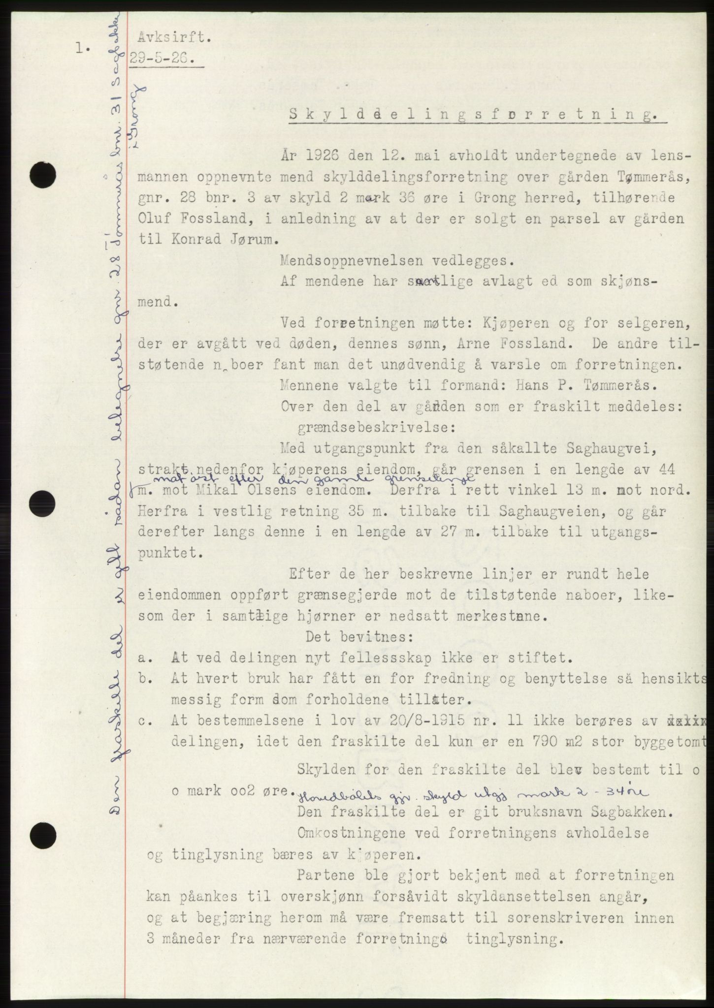 Namdal sorenskriveri, SAT/A-4133/1/2/2C: Pantebok nr. -, 1926-1930, Tingl.dato: 29.05.1926