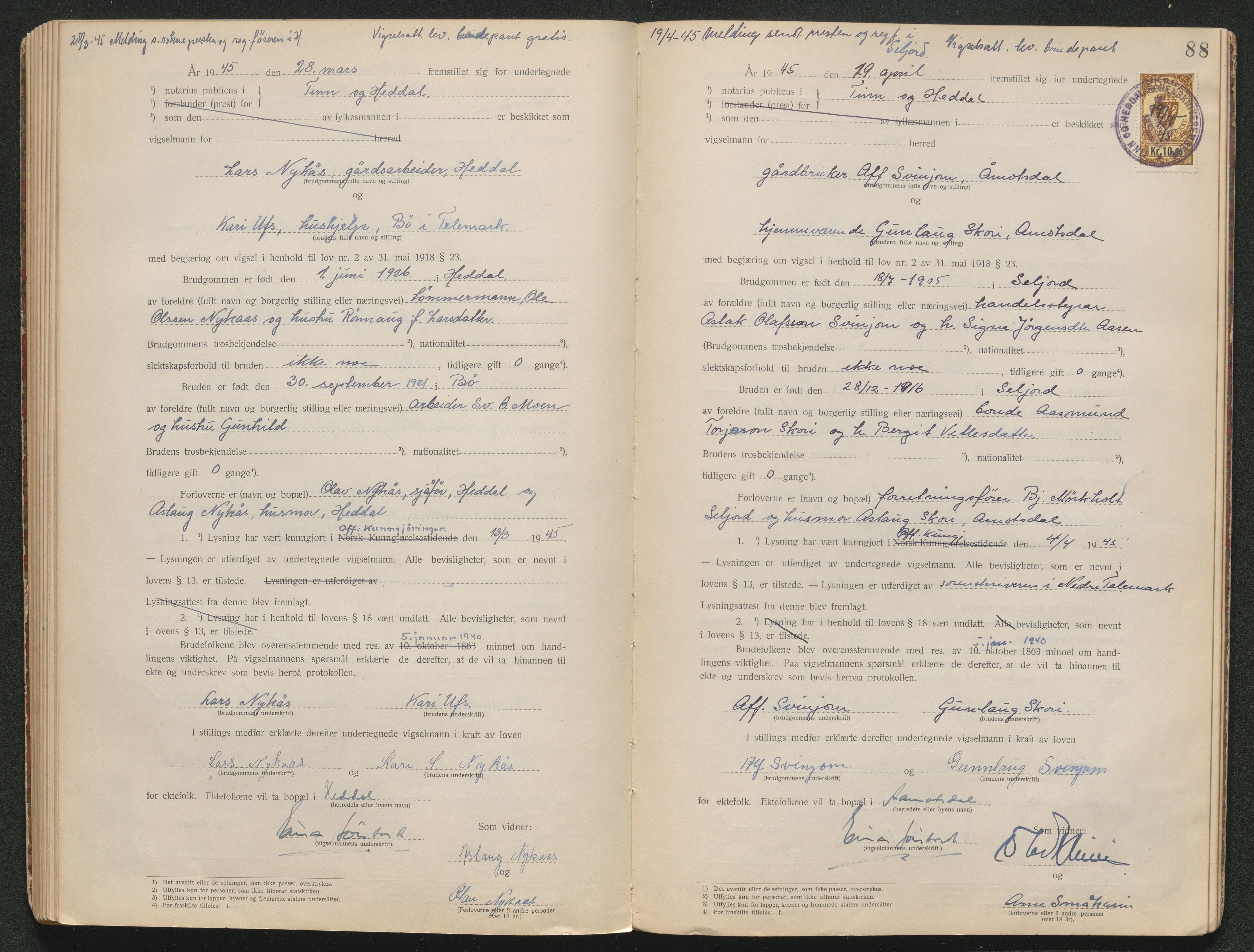 Tinn og Heddal sorenskriveri, AV/SAKO-A-212/L/La/L0003: Vigselsbok - , 1920-1945, s. 88